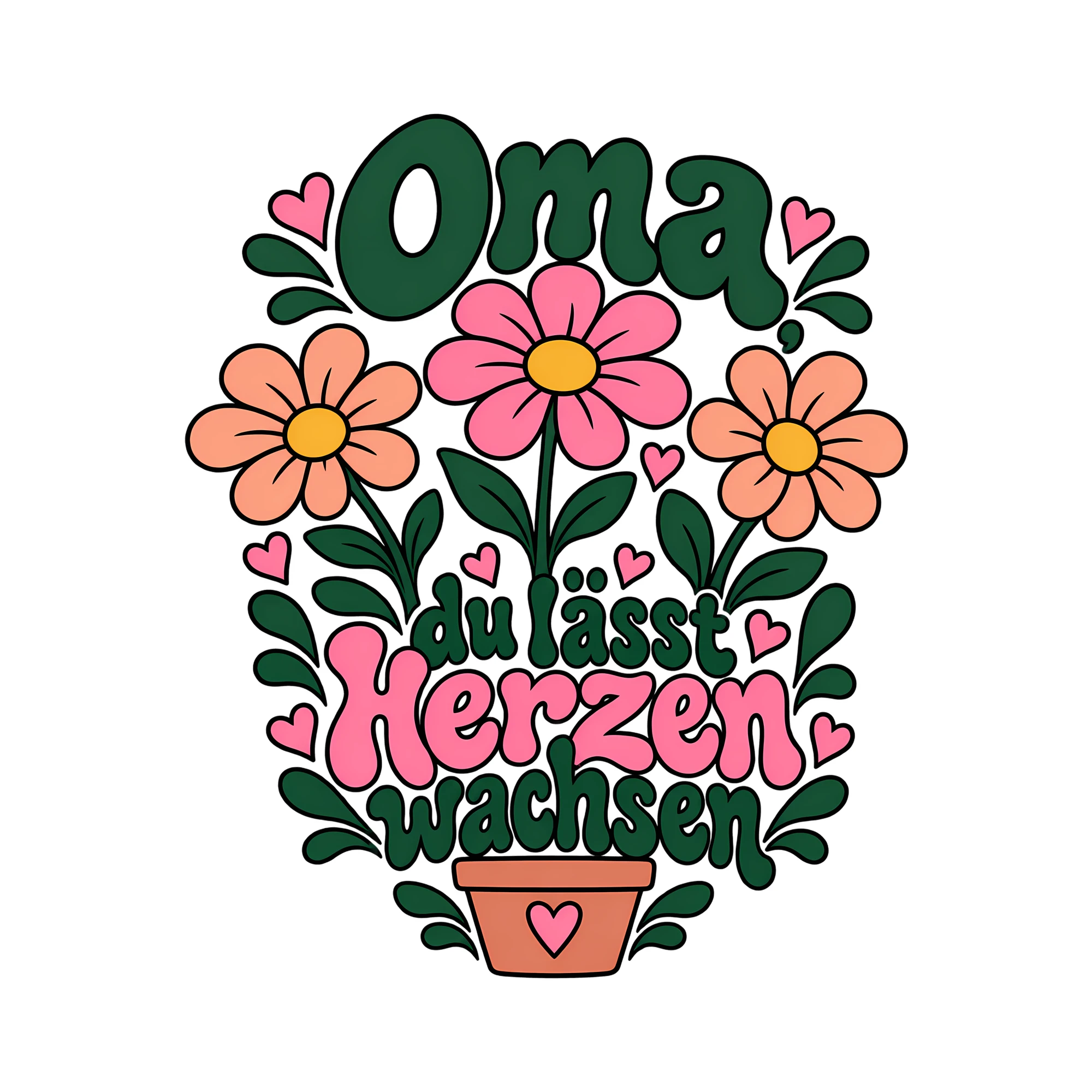 Bügelbild Oma, du lässt Herzen wachsen als Grafik auf weißem Hintergrund (BB012490)
