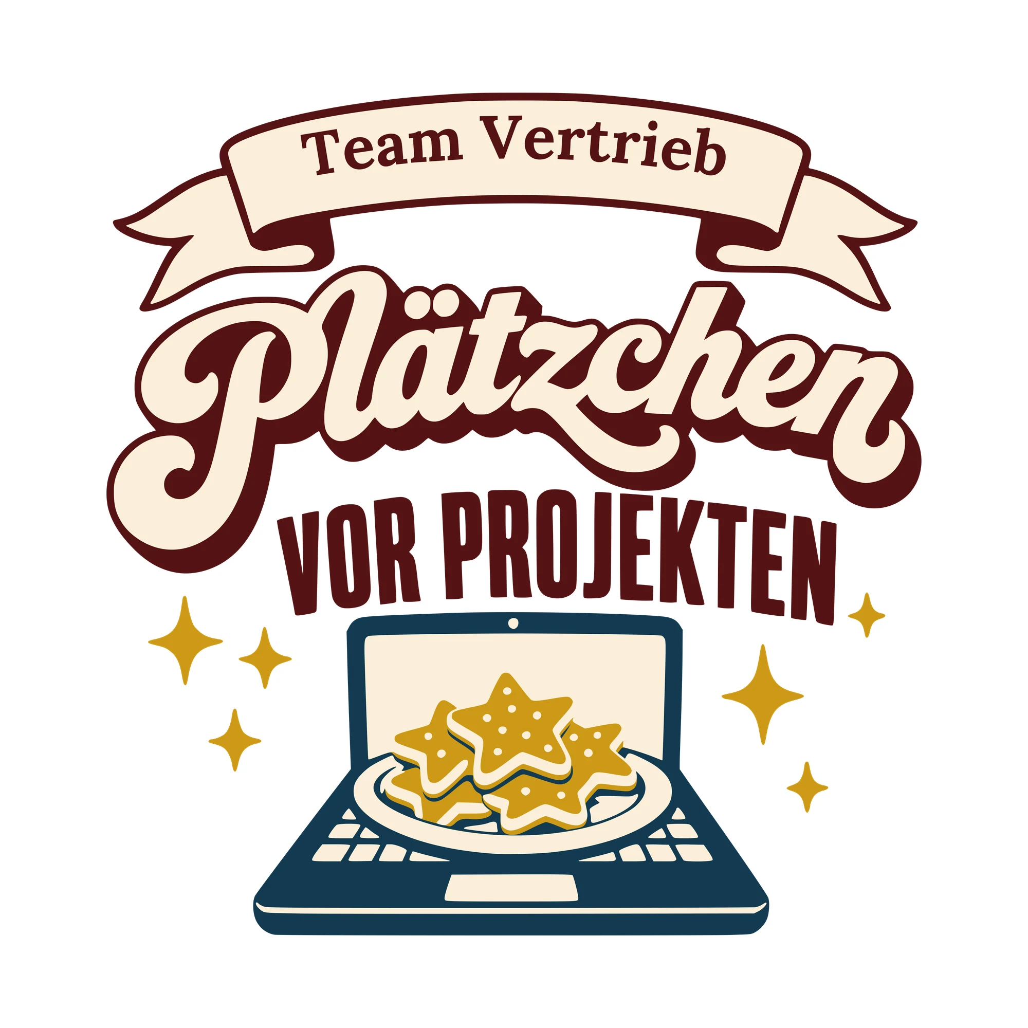 Bügelbild Team: Plätzchen vor Projekten mit Firma als Grafik auf weißem Hintergrund (BB010369)