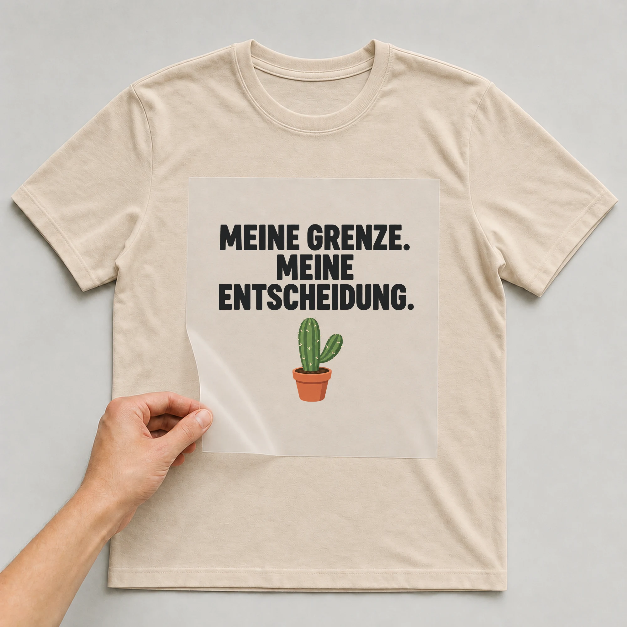 Bügelbild „MEINE GRENZE. MEINE ENTSCHEIDUNG.“ auf beigem T-Shirt, Folie wird aufgelegt