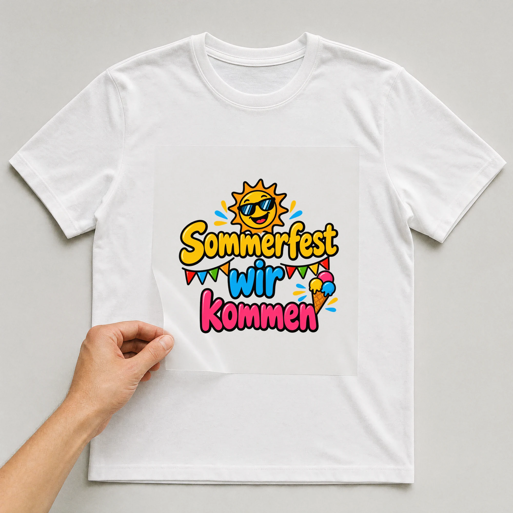 Bügelbild „Sommerfest, wir kommen“ auf weißem T-Shirt, Folie wird aufgelegt