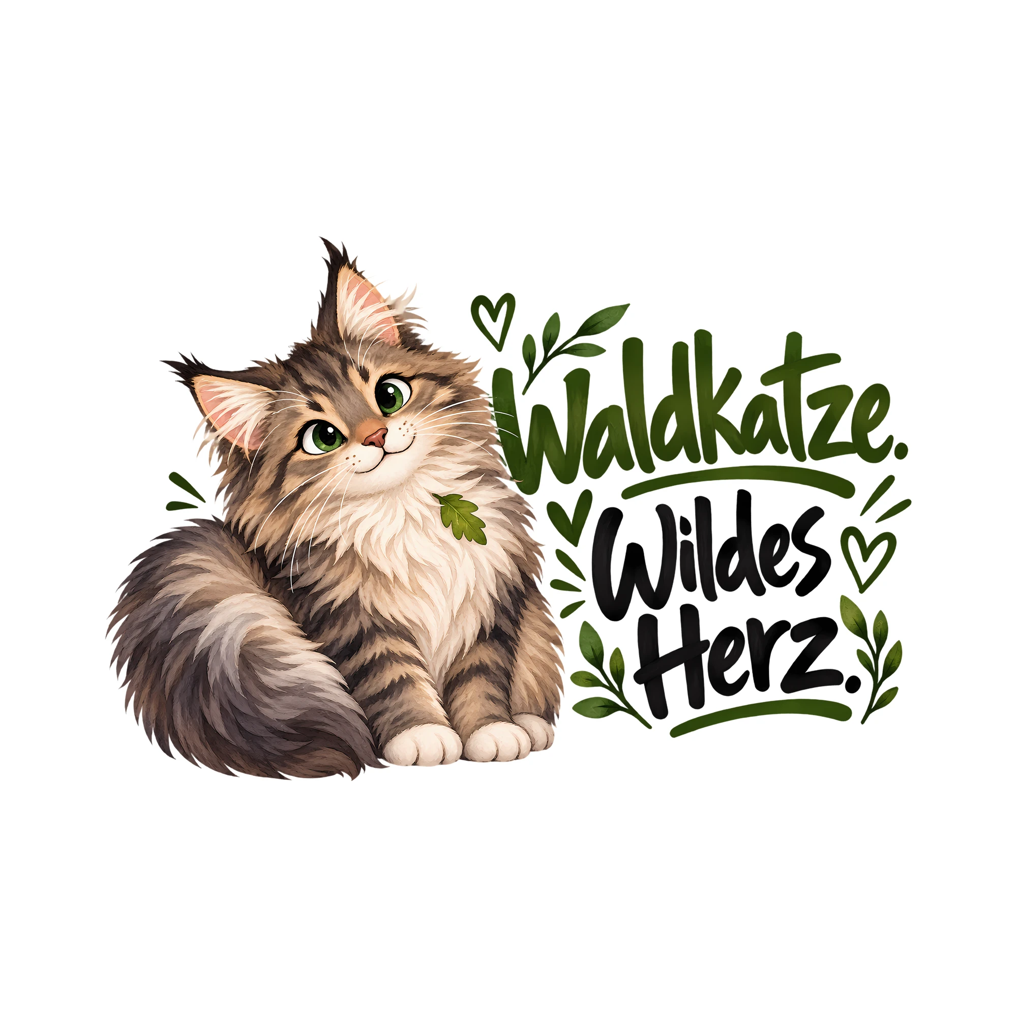 Bügelbild Waldkatze. Wildes Herz. als Grafik auf weißem Hintergrund (BB013241)