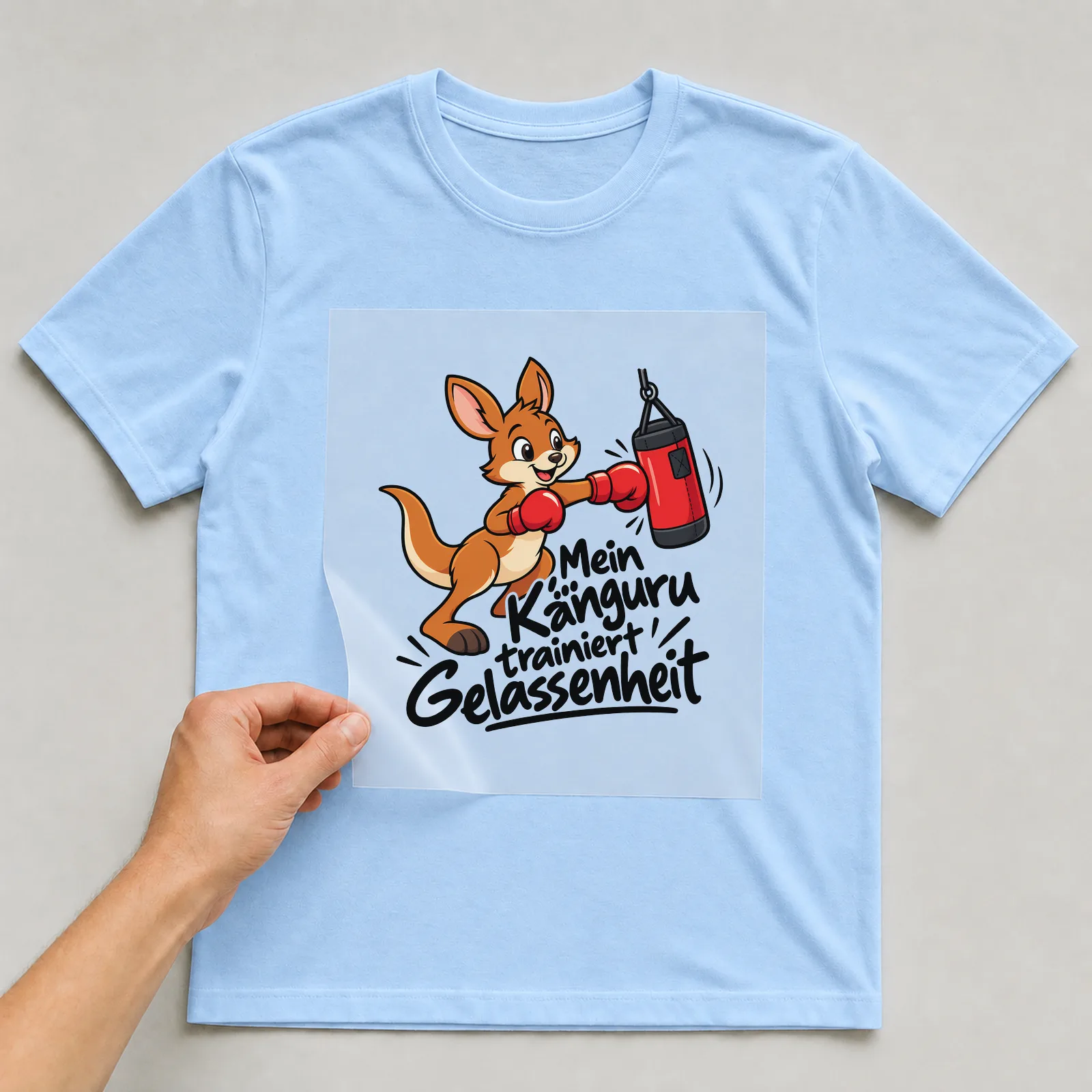 Bügelbild „Mein Känguru trainiert Gelassenheit“ auf hellblauem T-Shirt, Folie wird aufgelegt
