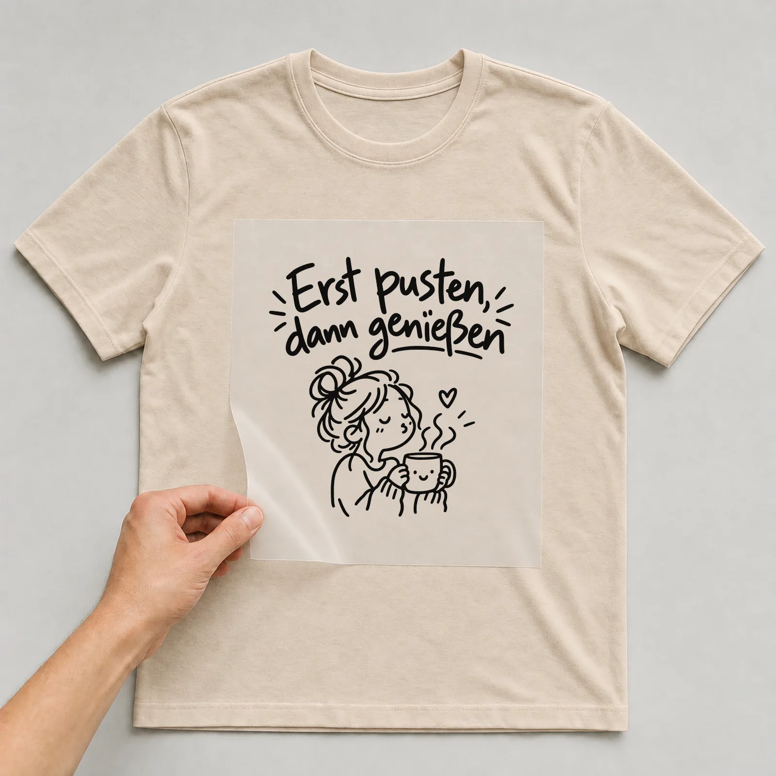 Bügelbild „Erst pusten, dann genießen“ auf beigem T-Shirt, Folie wird aufgelegt
