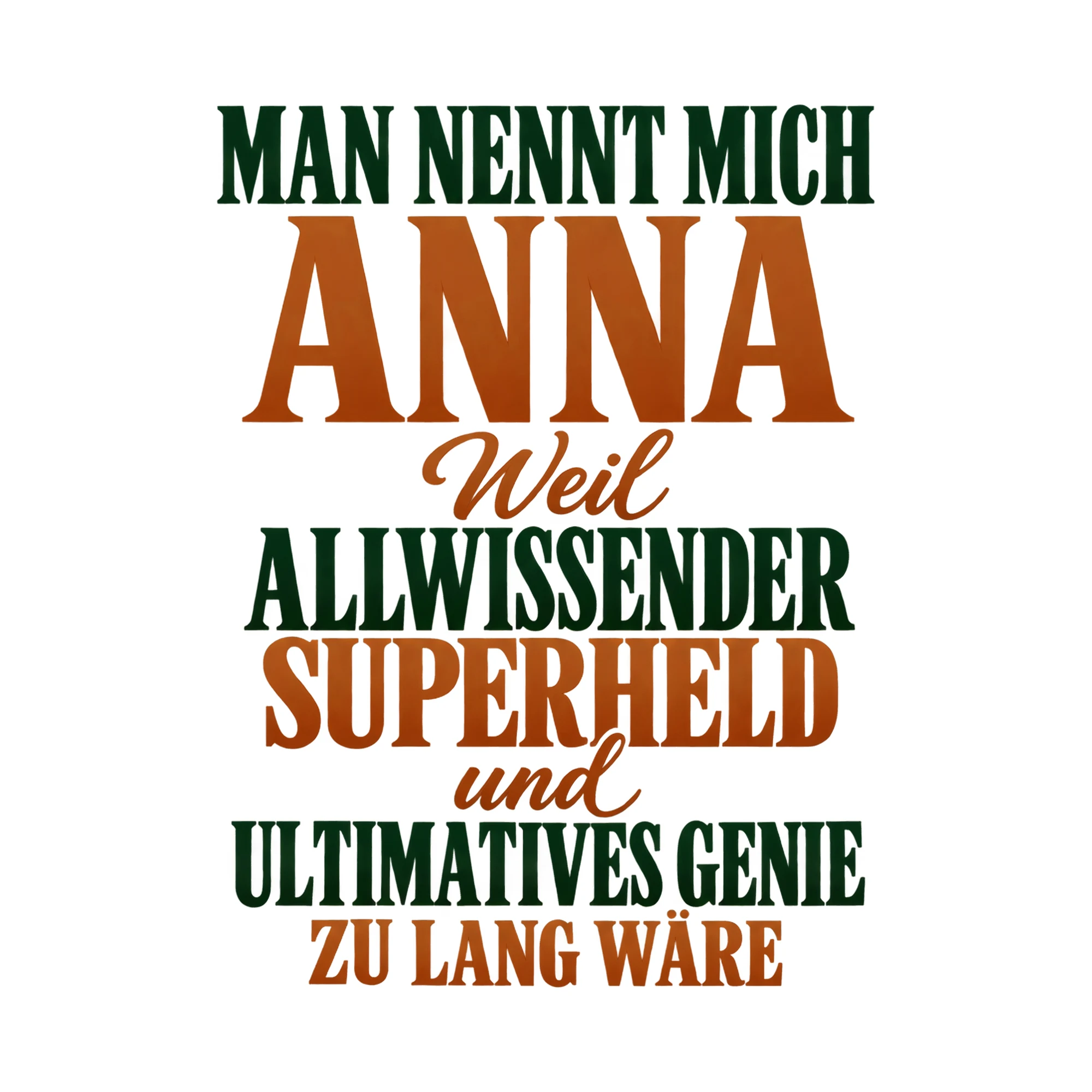 Bügelbild „Man nennt mich Anna weil allwissender Superheld und ultimatives Genie zu lang“ als Grafik auf weißem Hintergrund (BB016039)