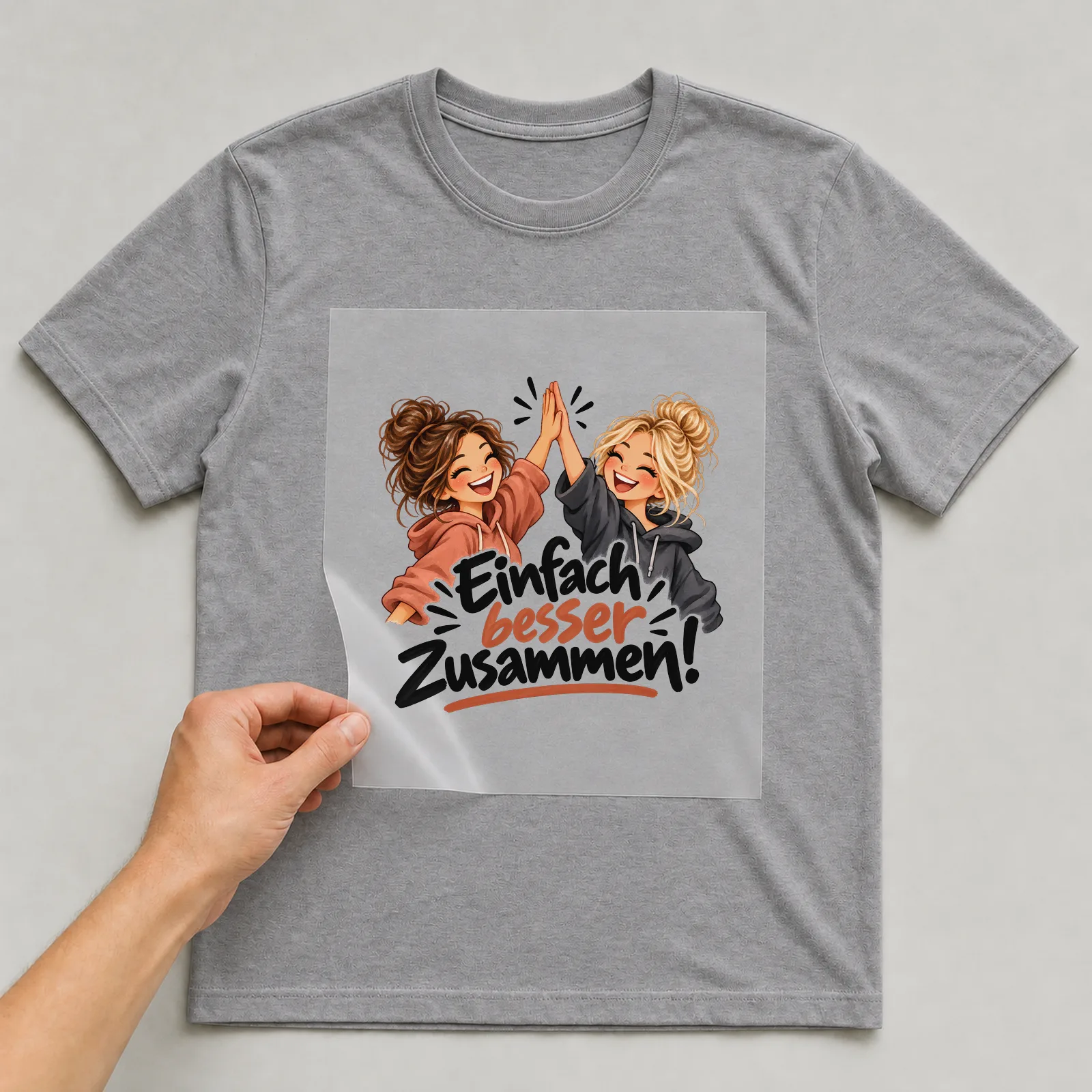 Bügelbild „Einfach besser zusammen!“ auf grauem T-Shirt, Folie wird aufgelegt
