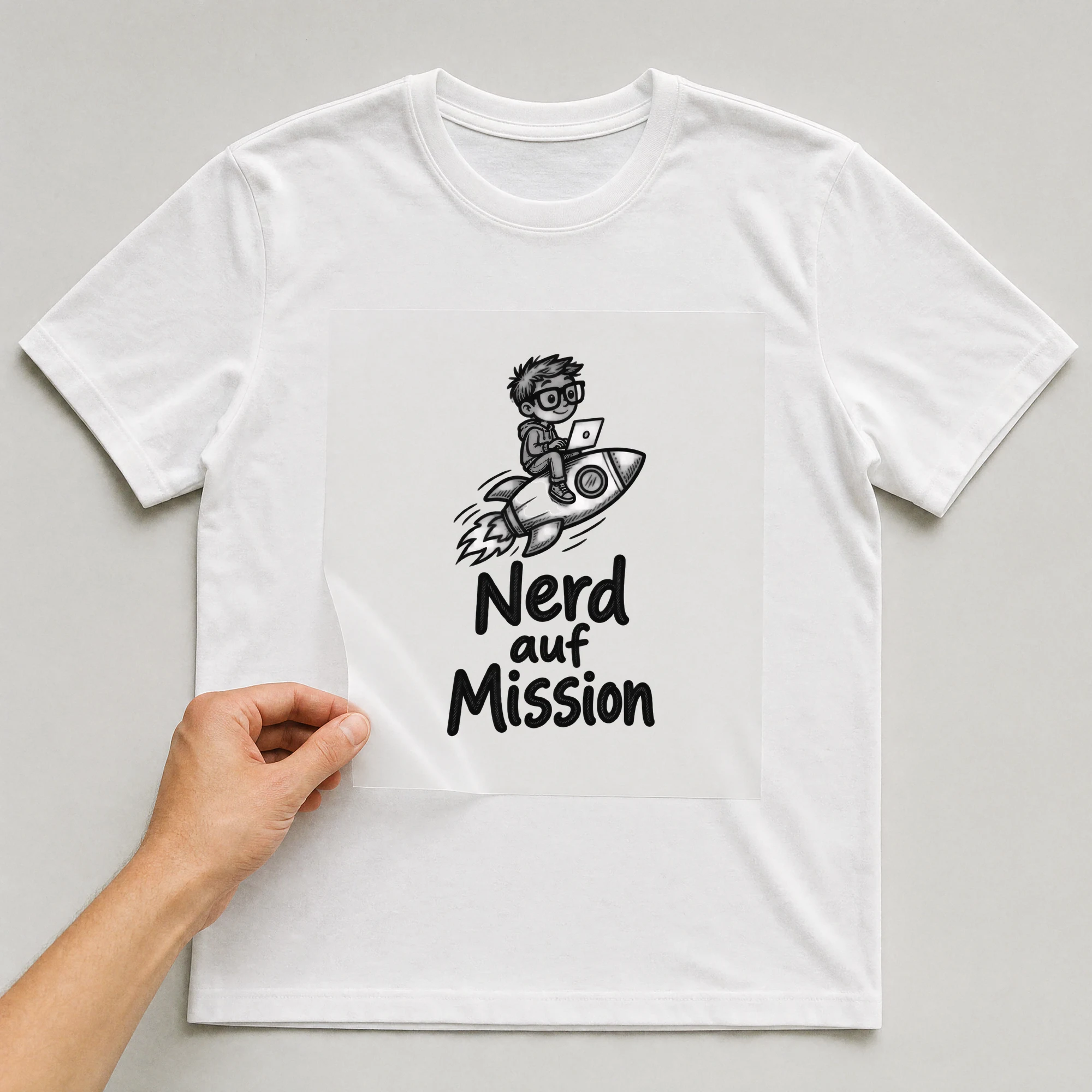 Bügelbild „Nerd auf Mission“ auf weißem T-Shirt, Folie wird aufgelegt