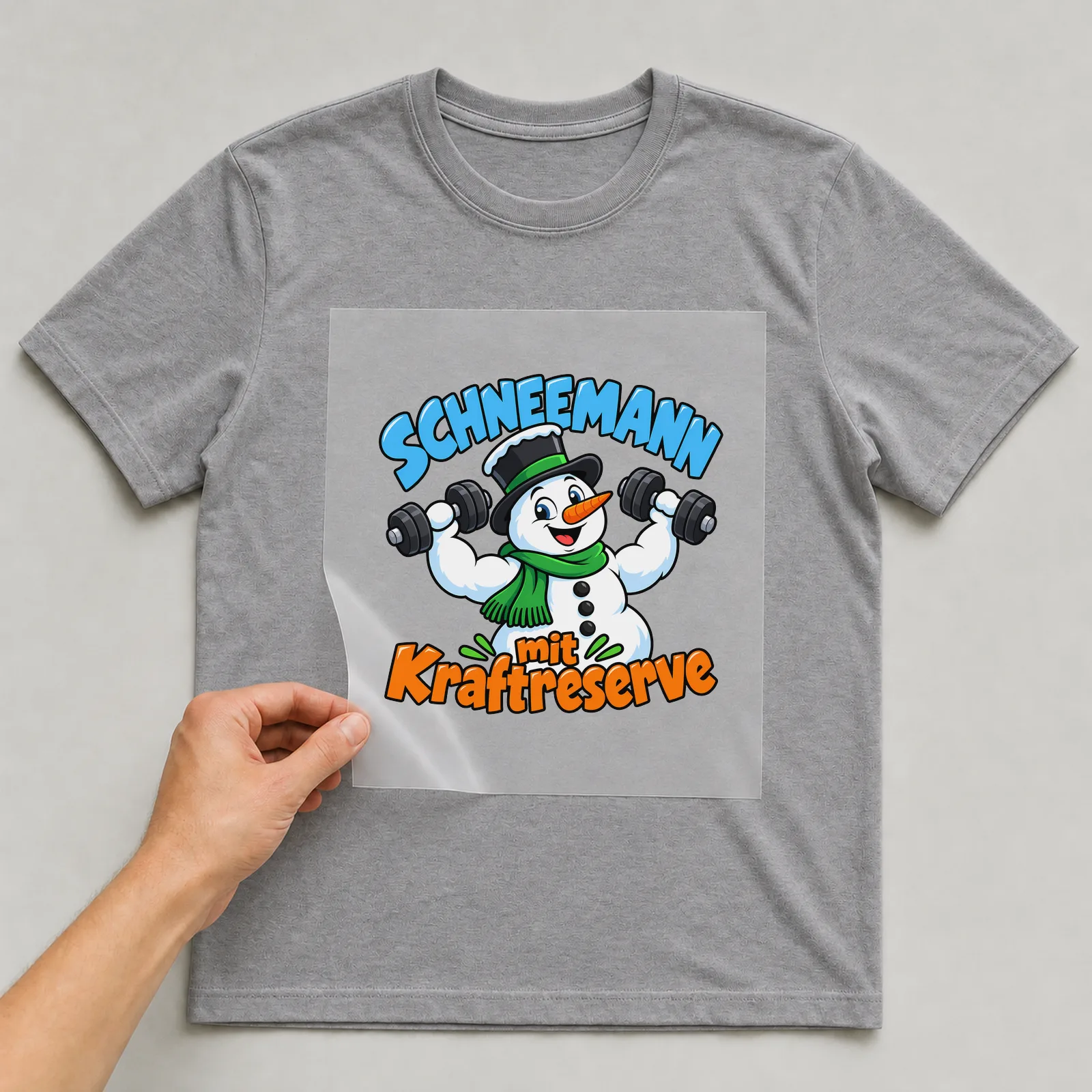 Bügelbild „Schneemann mit Kraftreserve“ auf grauem T-Shirt, Folie wird aufgelegt