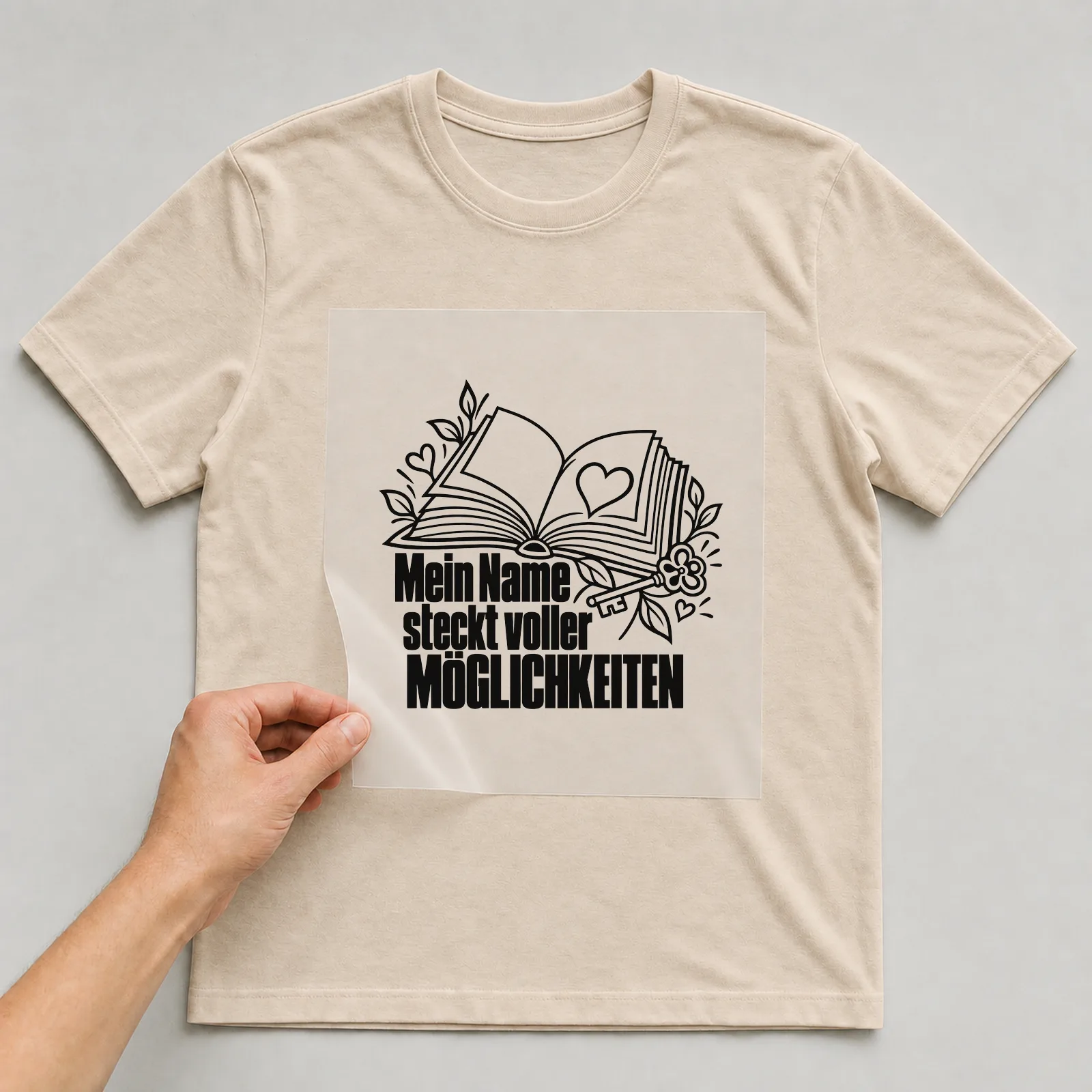 Bügelbild „Mein Name steckt voller Möglichkeiten“ auf beigem T-Shirt, Folie wird aufgelegt