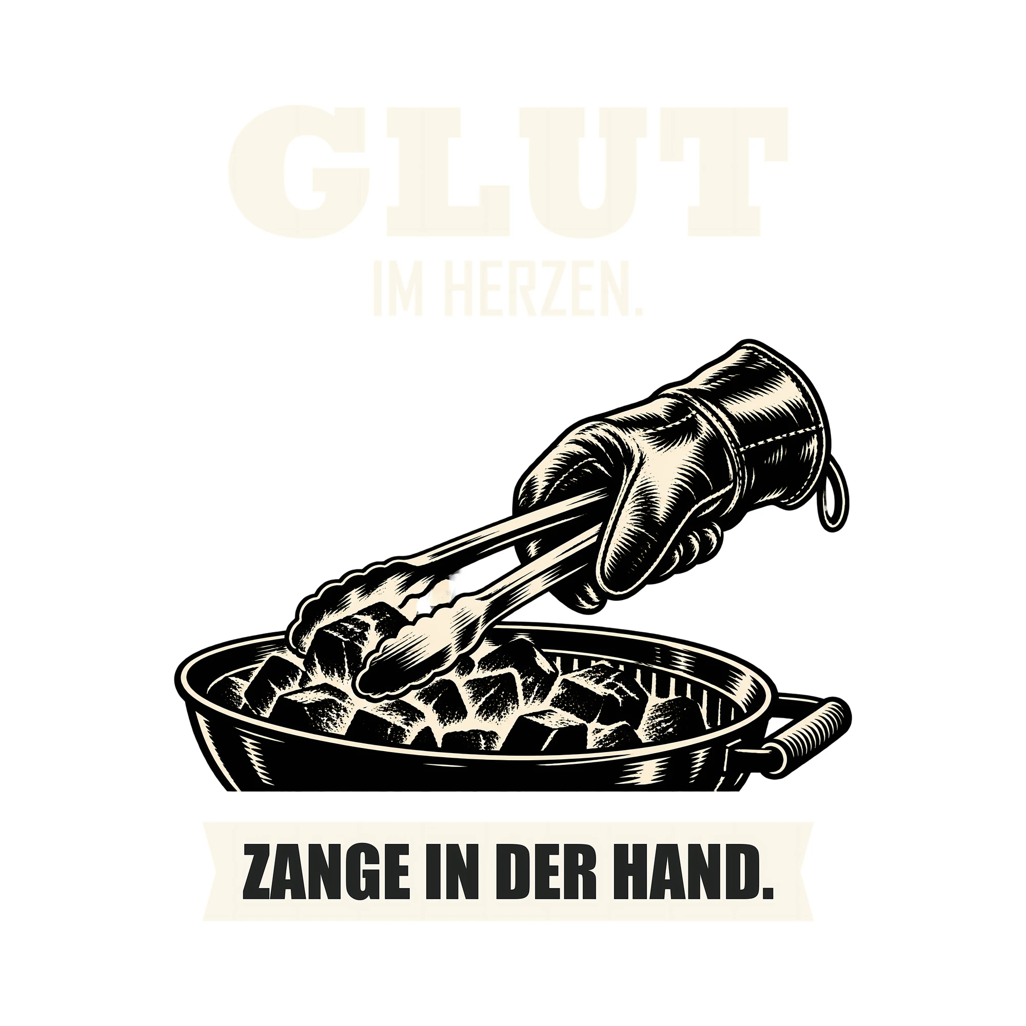 Bügelbild GLUT IM HERZEN. ZANGE IN DER HAND. als Grafik auf weißem Hintergrund (BB012052)