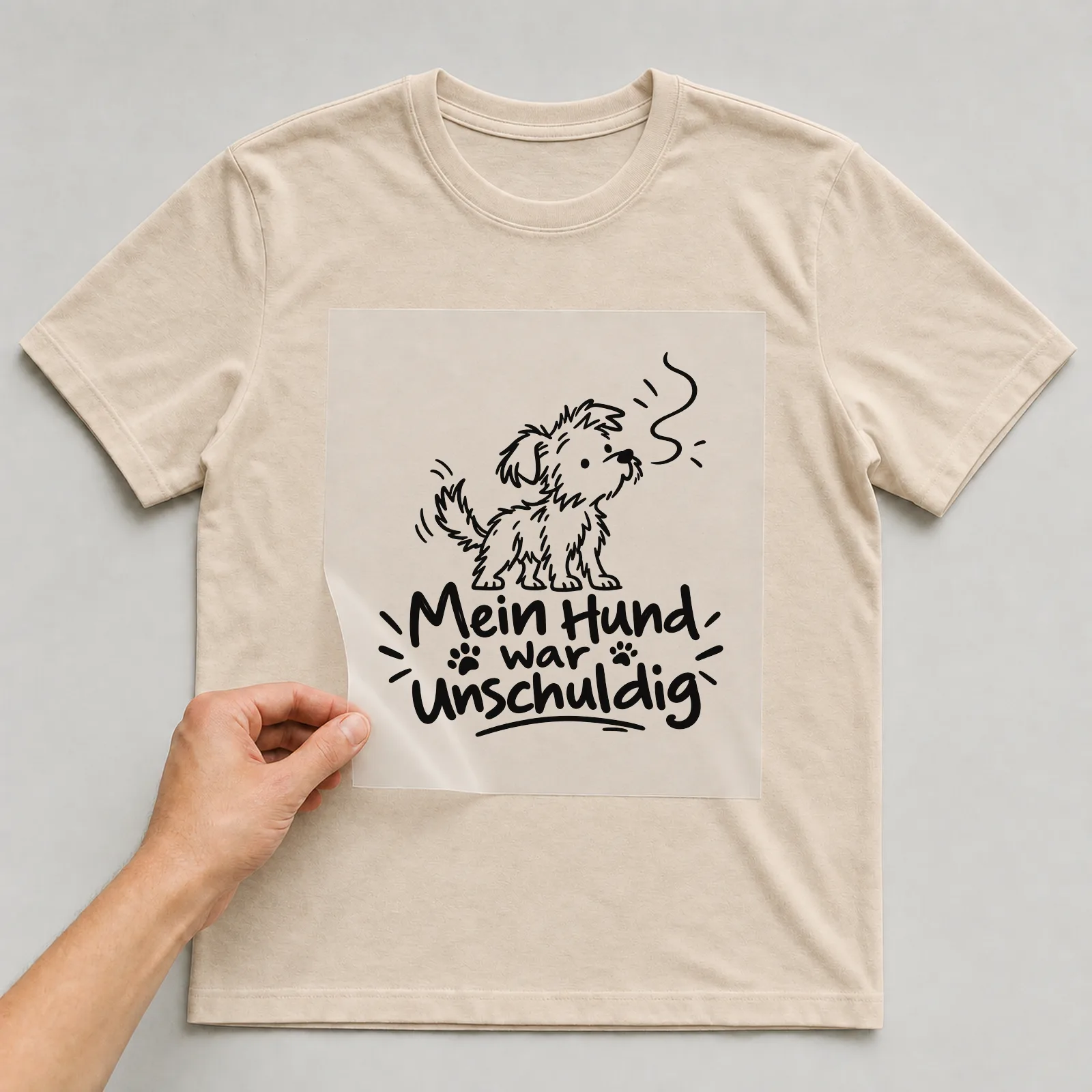 Bügelbild „Mein Hund war unschuldig“ auf beigem T-Shirt, Folie wird aufgelegt