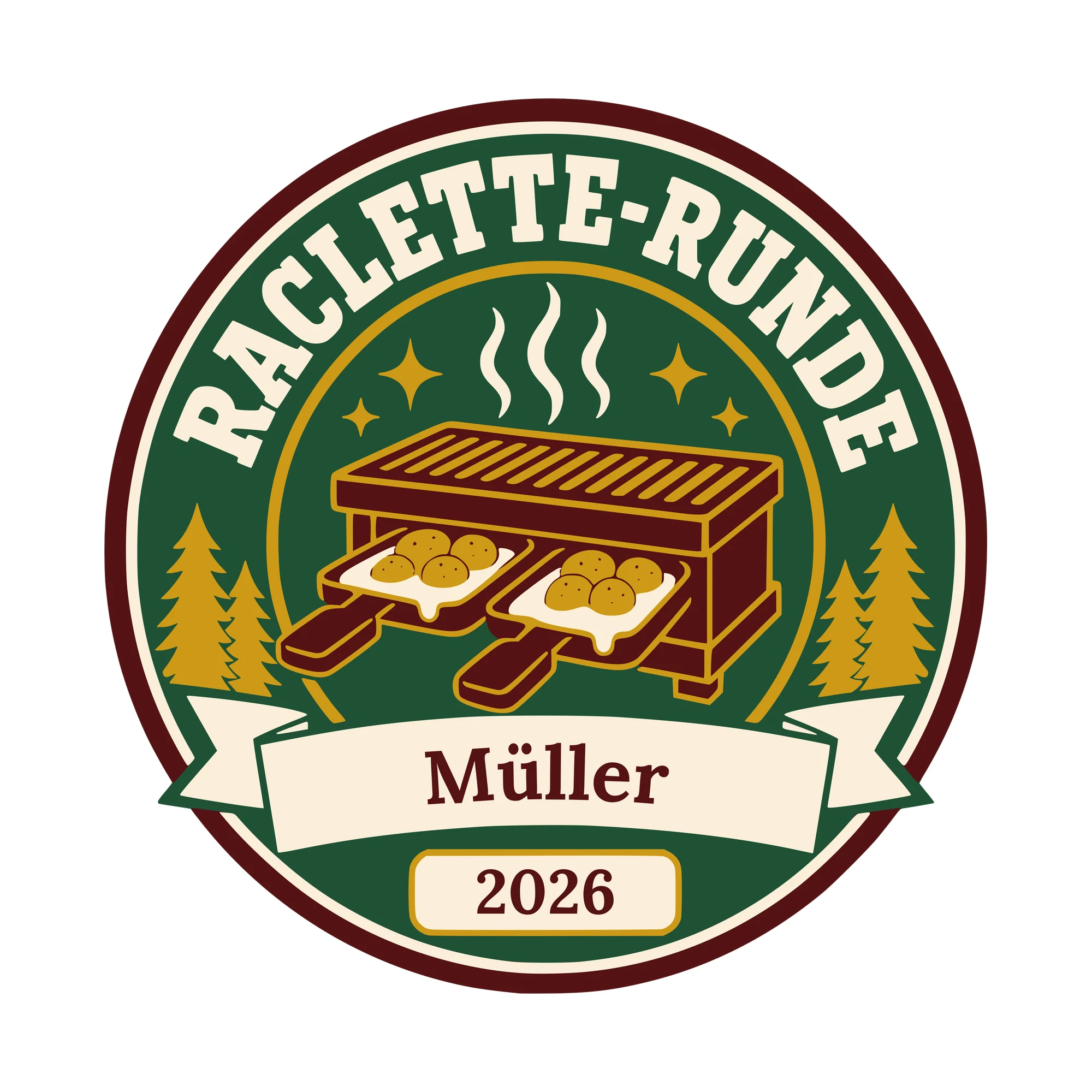 Bügelbild Raclette-Runde mit Nachname und Jahr als Grafik auf weißem Hintergrund (BB010436)