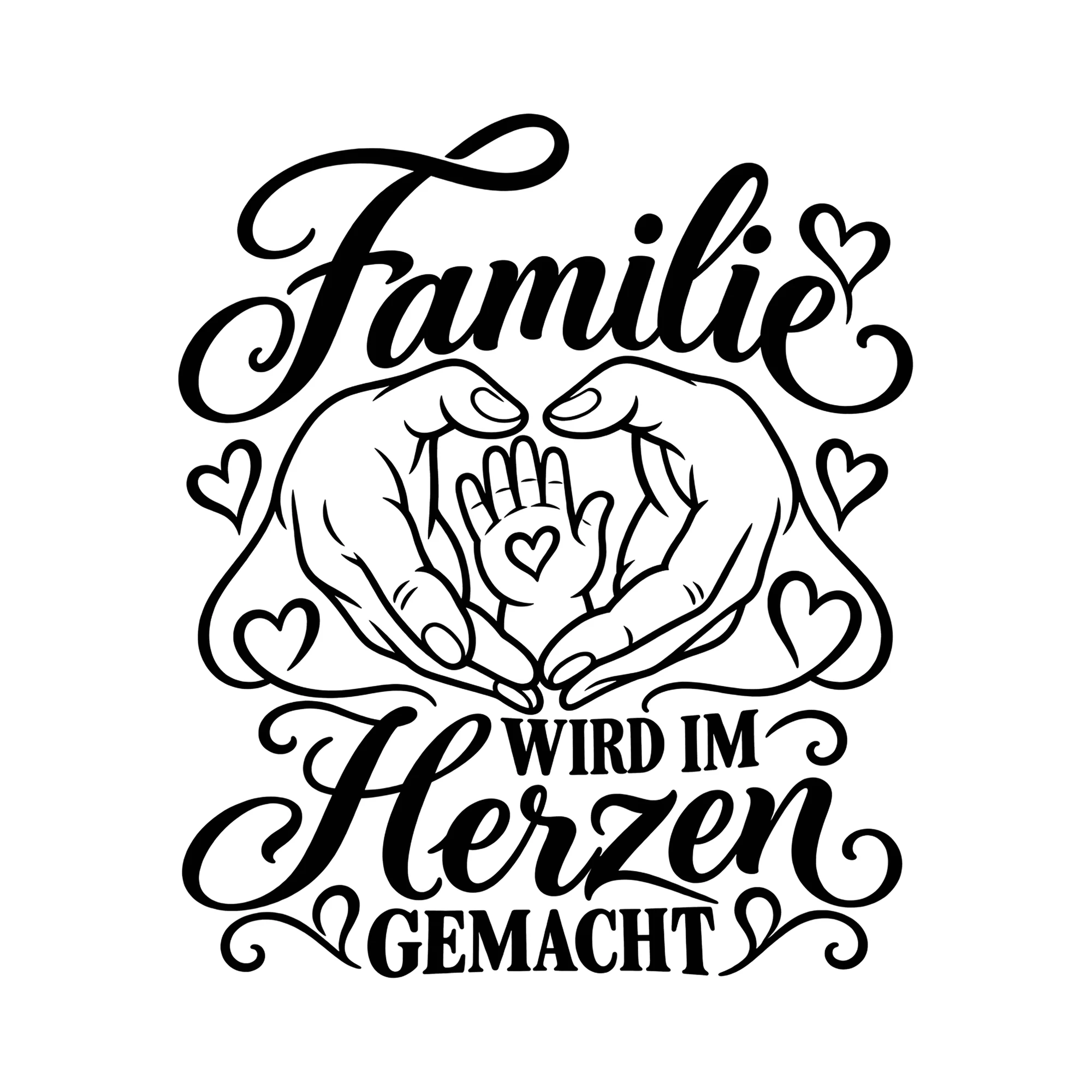 Bügelbild Familie wird im Herzen gemacht als Grafik auf weißem Hintergrund (BB013438)