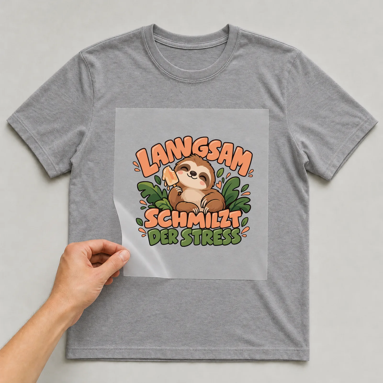 Bügelbild „Langsam schmilzt der Stress“ auf grauem T-Shirt, Folie wird aufgelegt