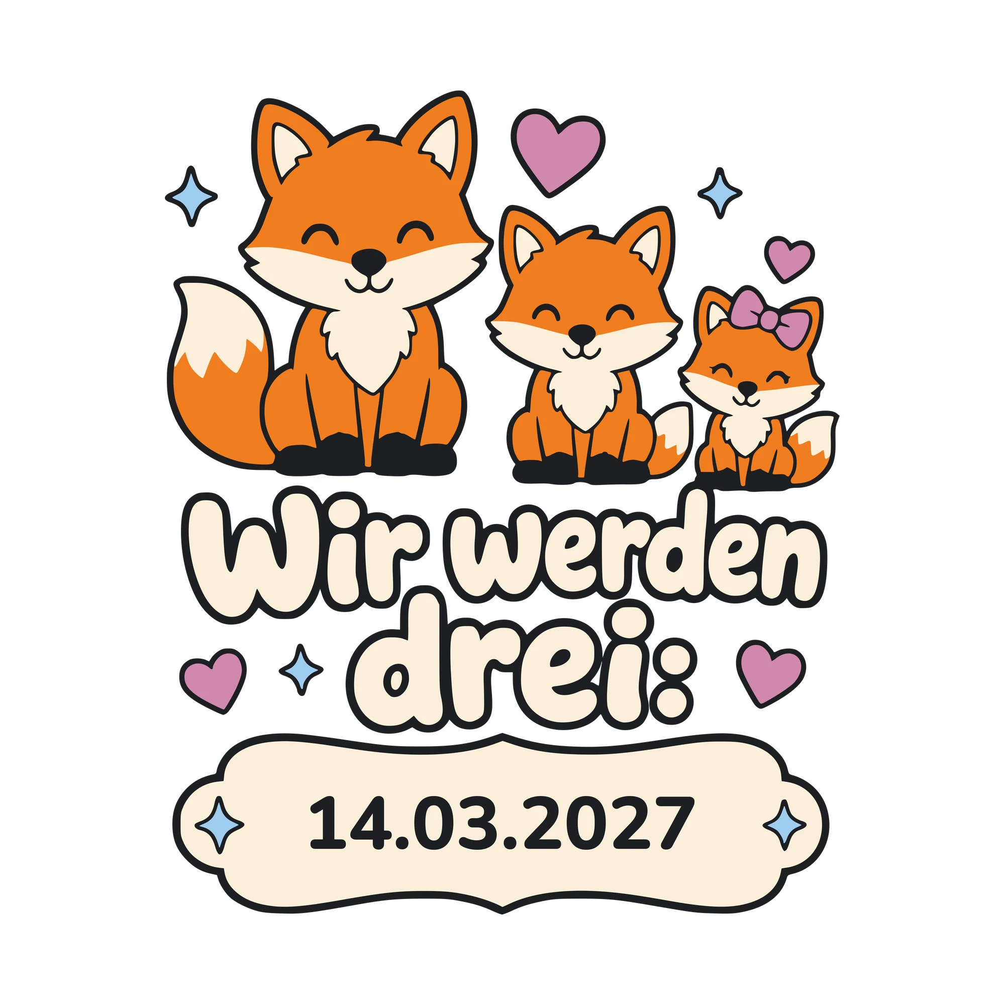 Bügelbild Wir werden drei mit Datum als Grafik auf weißem Hintergrund (BB010549)