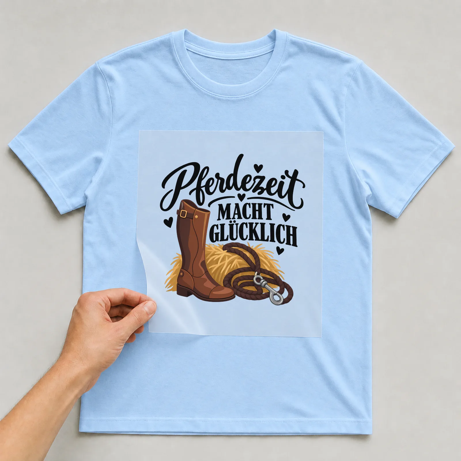 Bügelbild „Pferdezeit macht glücklich“ auf hellblauem T-Shirt, Folie wird aufgelegt