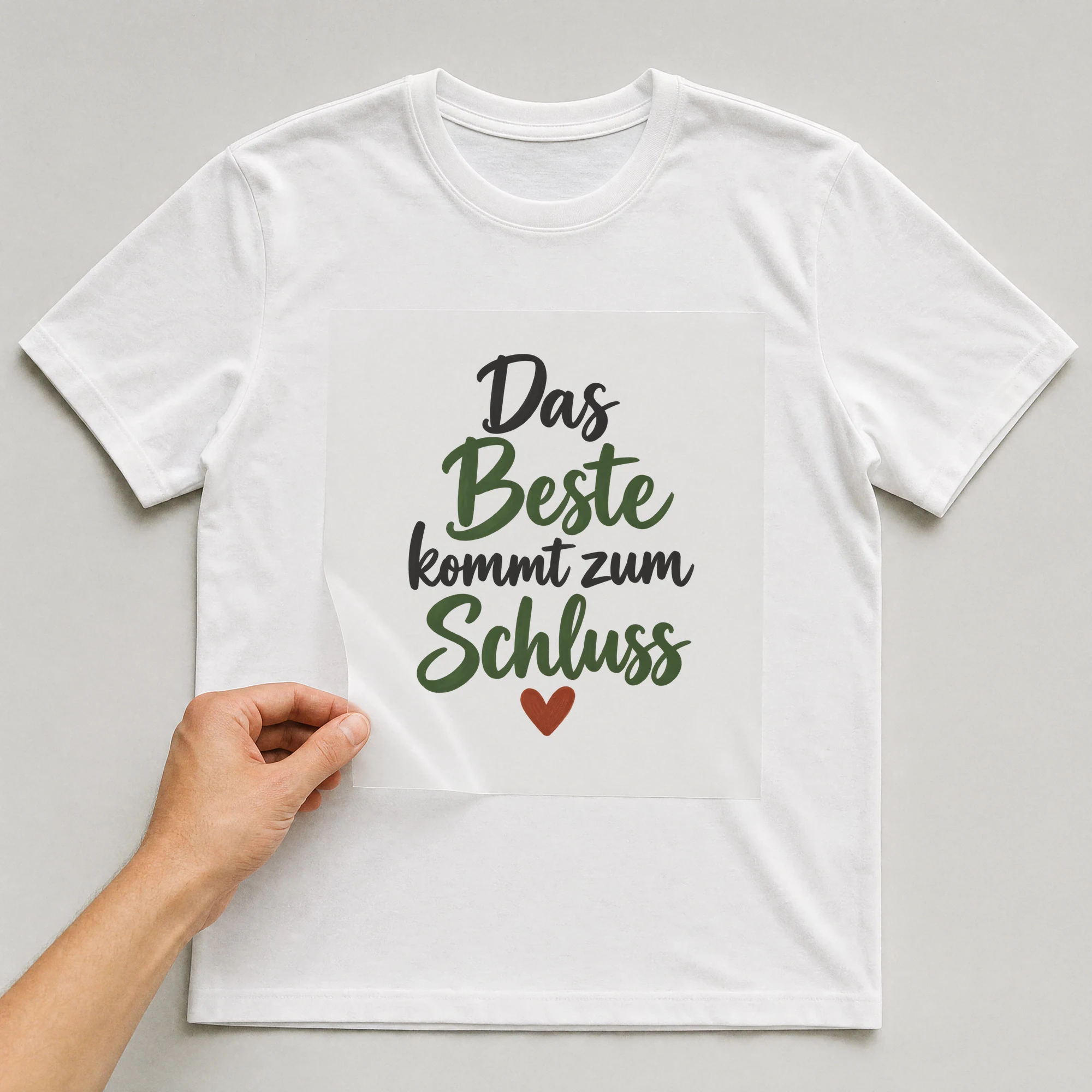 Bügelbild „Das Beste kommt zum Schluss“ auf weißem T-Shirt, Folie wird aufgelegt