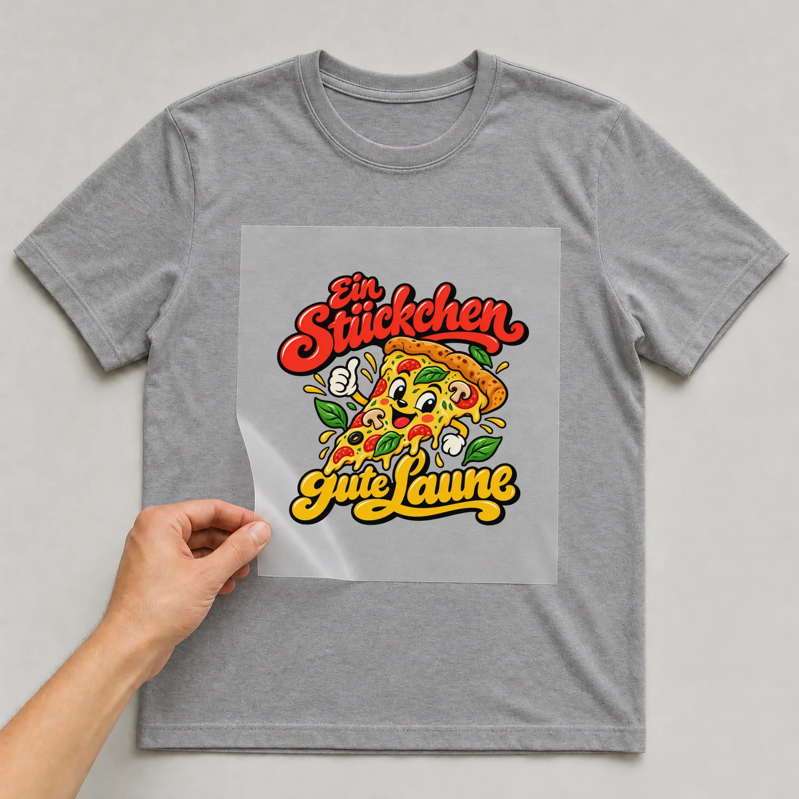 Bügelbild „Ein Stückchen gute Laune“ auf grauem T-Shirt, Folie wird aufgelegt
