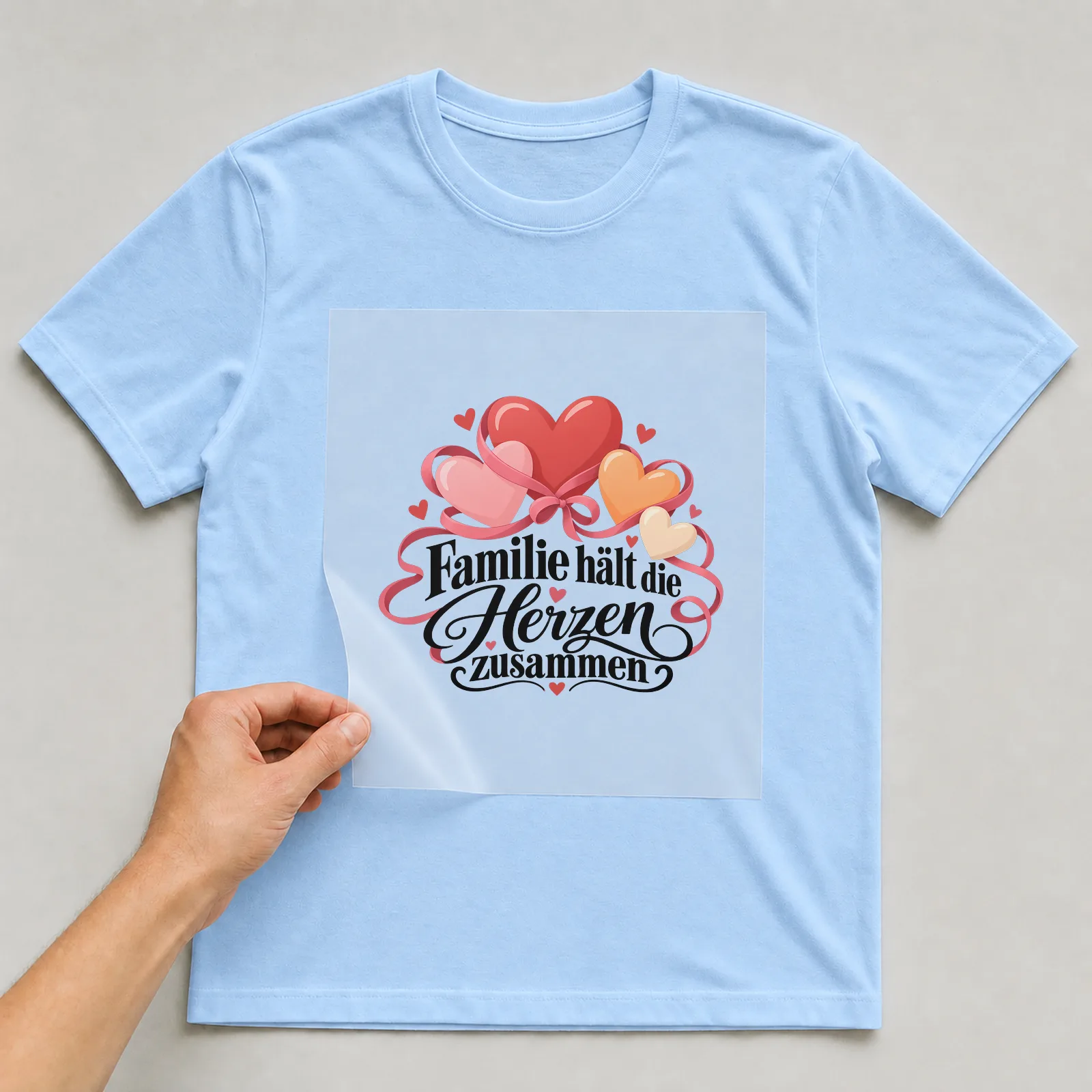 Bügelbild „Familie hält die Herzen zusammen“ auf hellblauem T-Shirt, Folie wird aufgelegt