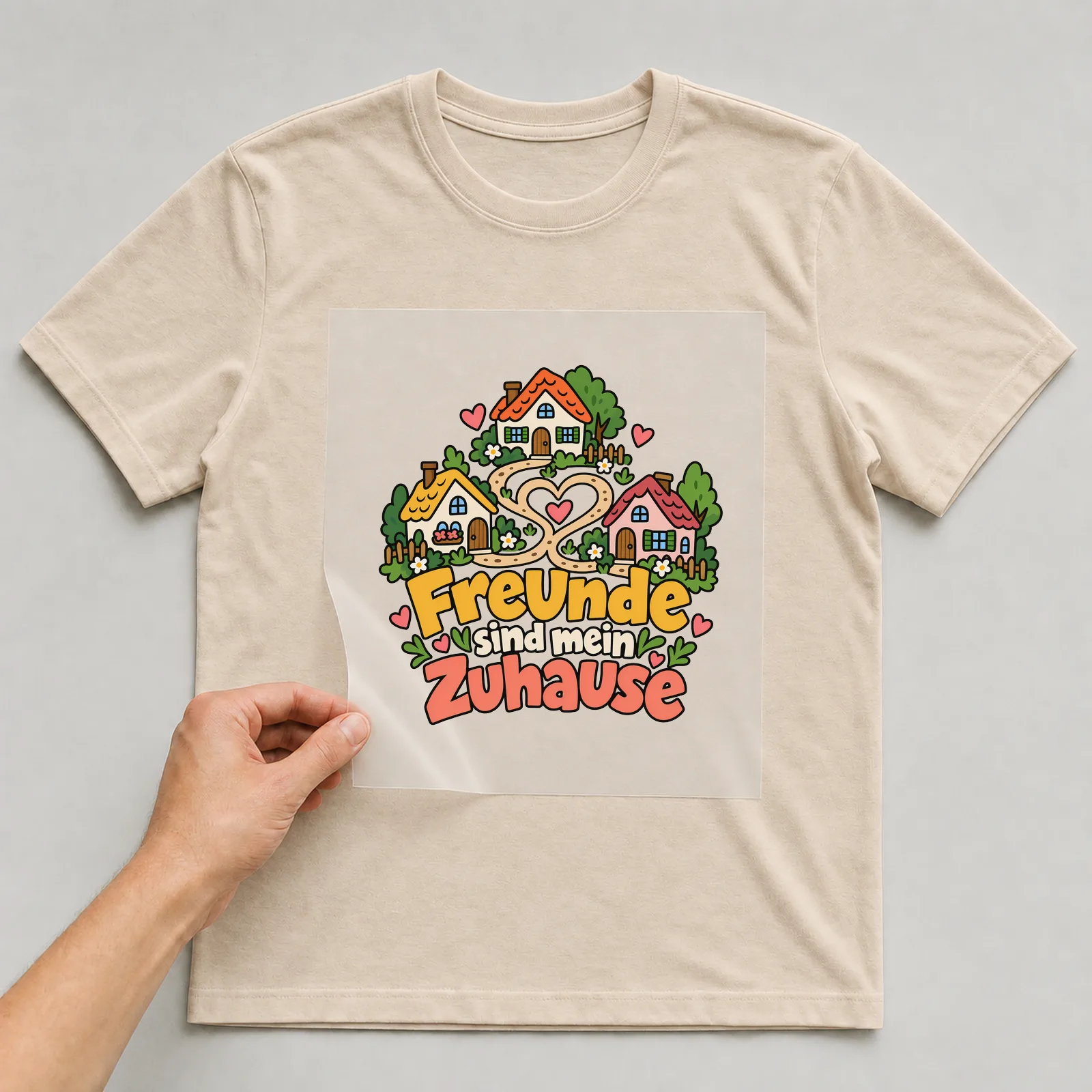 Bügelbild „Freunde sind mein Zuhause“ auf beigem T-Shirt, Folie wird aufgelegt