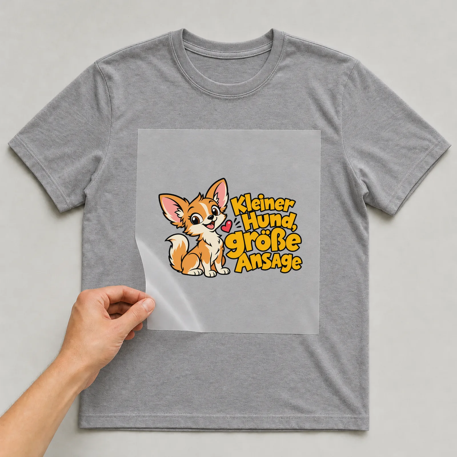 Bügelbild „Kleiner Hund, große Ansage“ auf grauem T-Shirt, Folie wird aufgelegt
