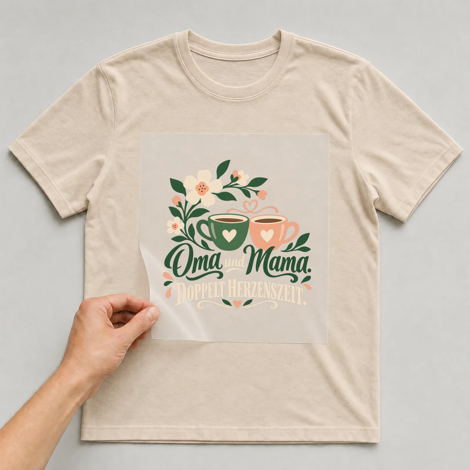 Bügelbild „Oma und Mama. Doppelt Herzenszeit.“ auf beigem T-Shirt, Folie wird aufgelegt