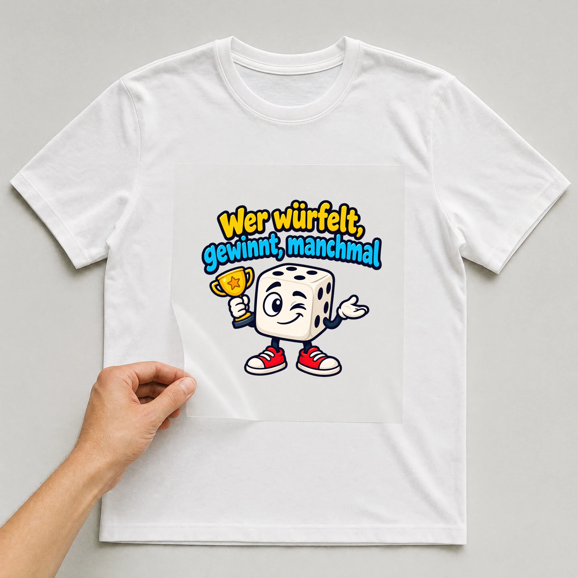 Bügelbild „Wer würfelt, gewinnt, manchmal“ auf weißem T-Shirt, Folie wird aufgelegt