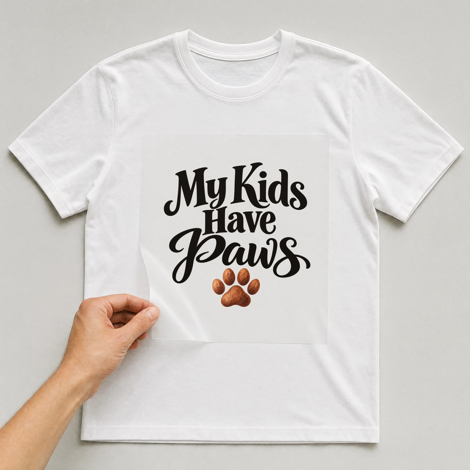 Bügelbild „My Kids Have Paws“ auf weißem T-Shirt, Folie wird aufgelegt