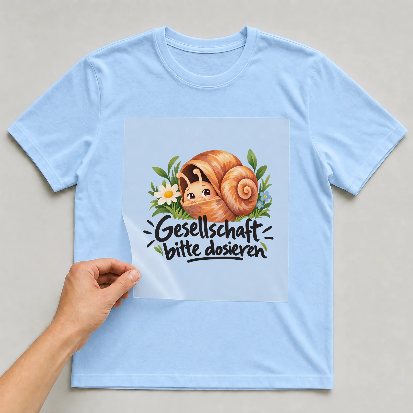 Bügelbild „Gesellschaft bitte dosieren“ auf hellblauem T-Shirt, Folie wird aufgelegt