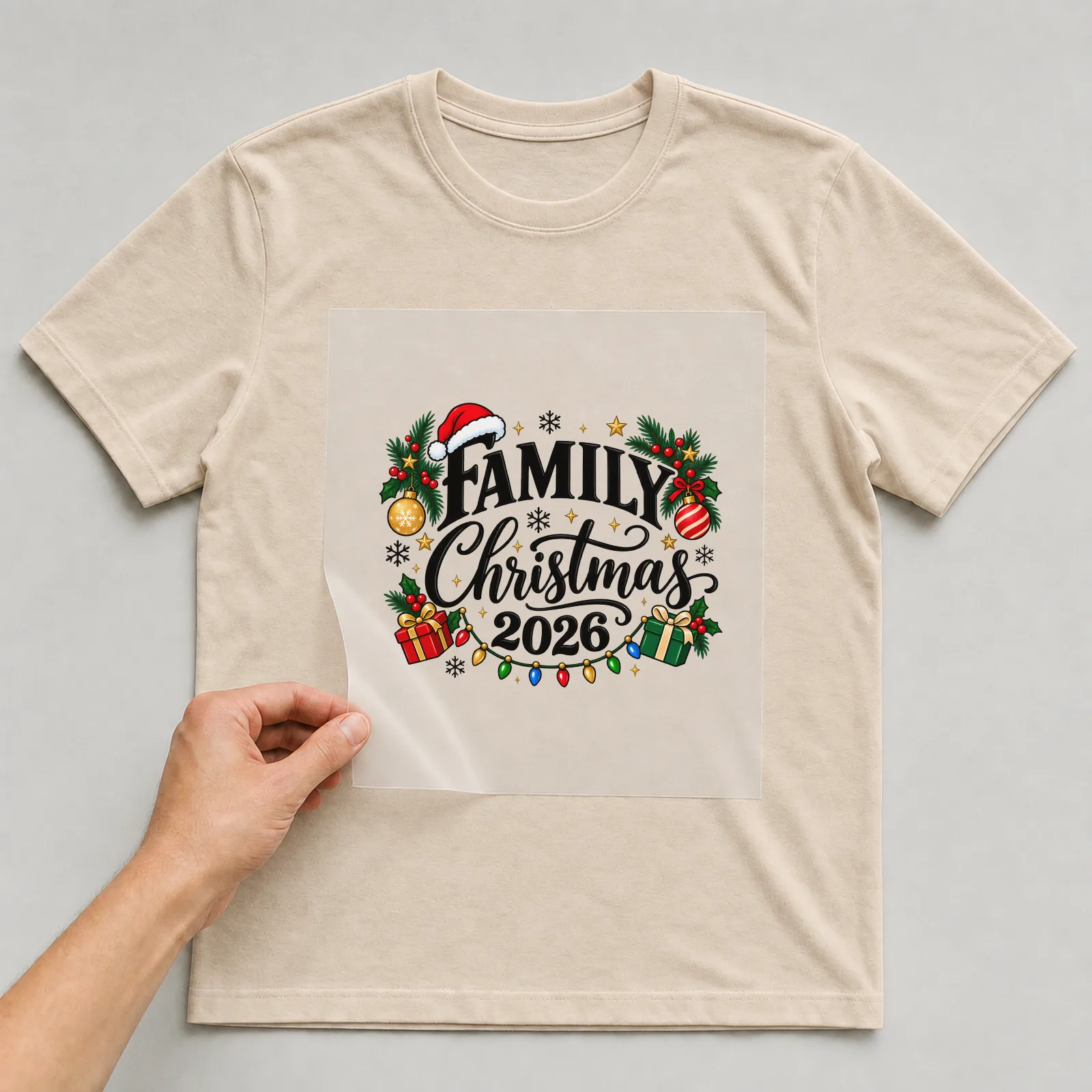 Bügelbild Family Christmas 2026 auf beigem T-Shirt, Folie wird aufgelegt