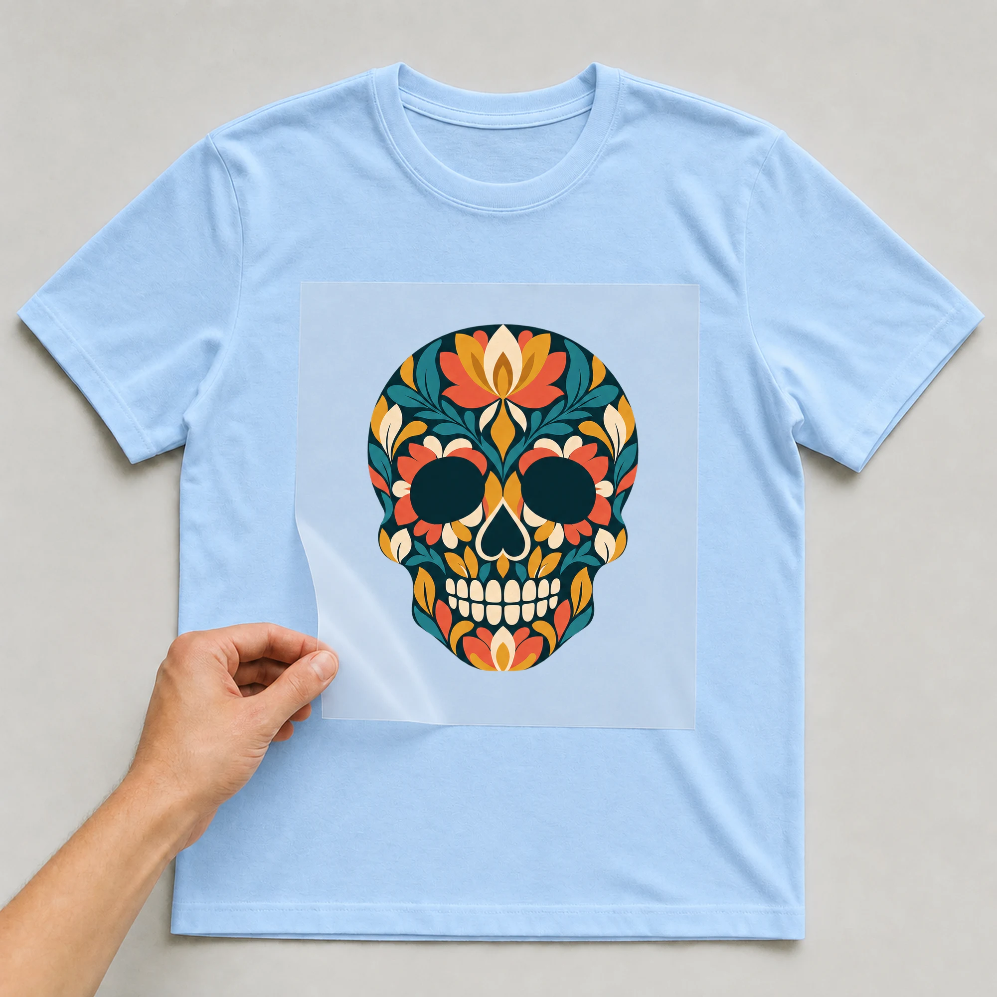Bügelbild „Colorful Skull“ auf babyblauem T-Shirt, Folie wird aufgelegt