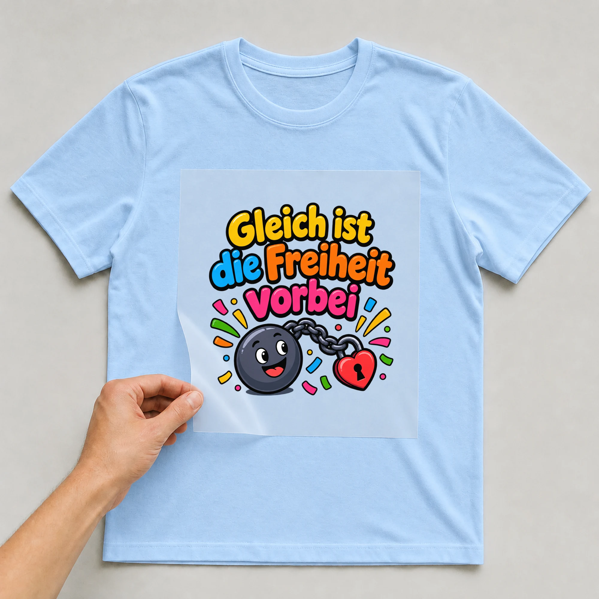 Bügelbild „Gleich ist die freiheit vorbei“ auf babyblauem T-Shirt, Folie wird aufgelegt