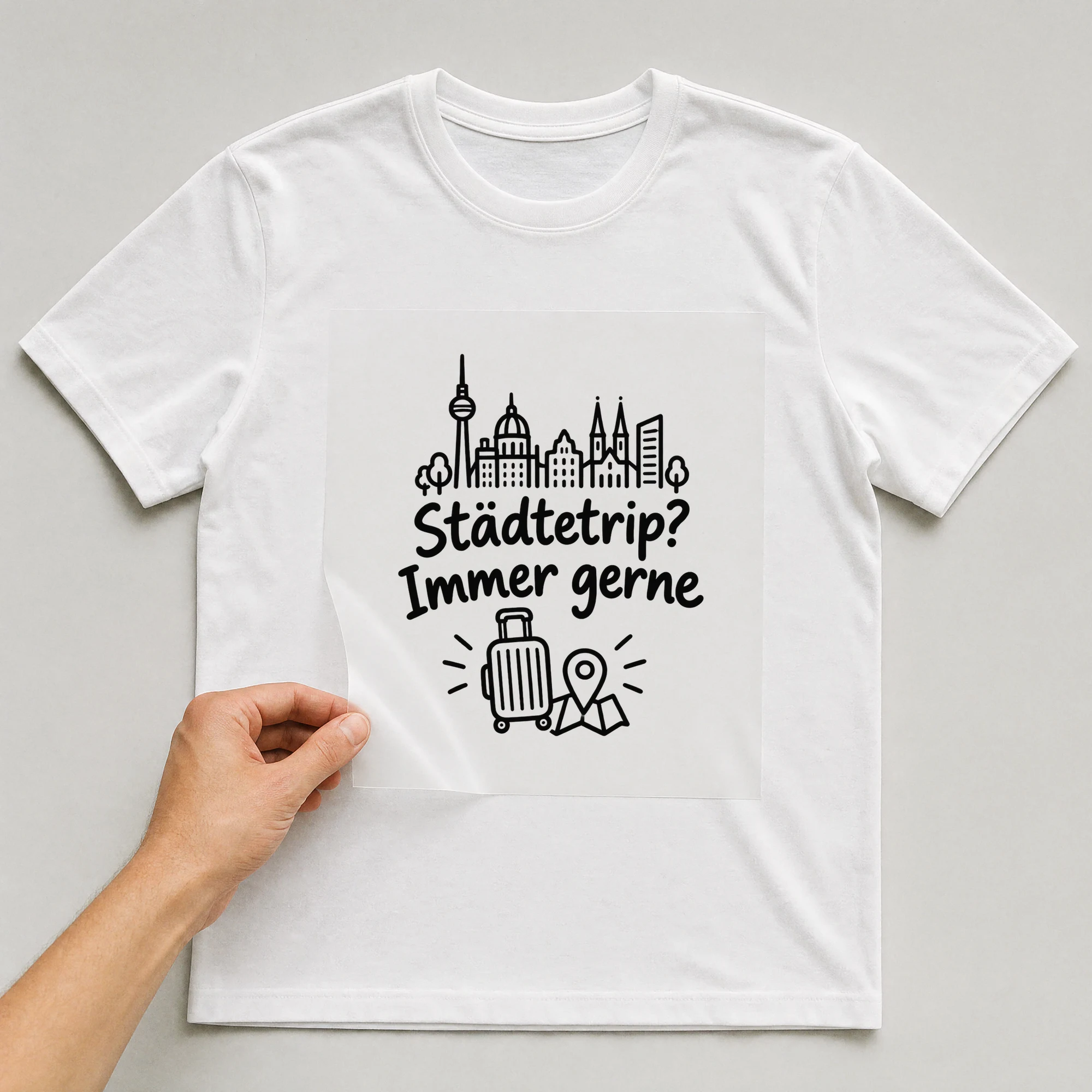 Bügelbild „Städtetrip? Immer gerne“ auf weißem T-Shirt, Folie wird aufgelegt
