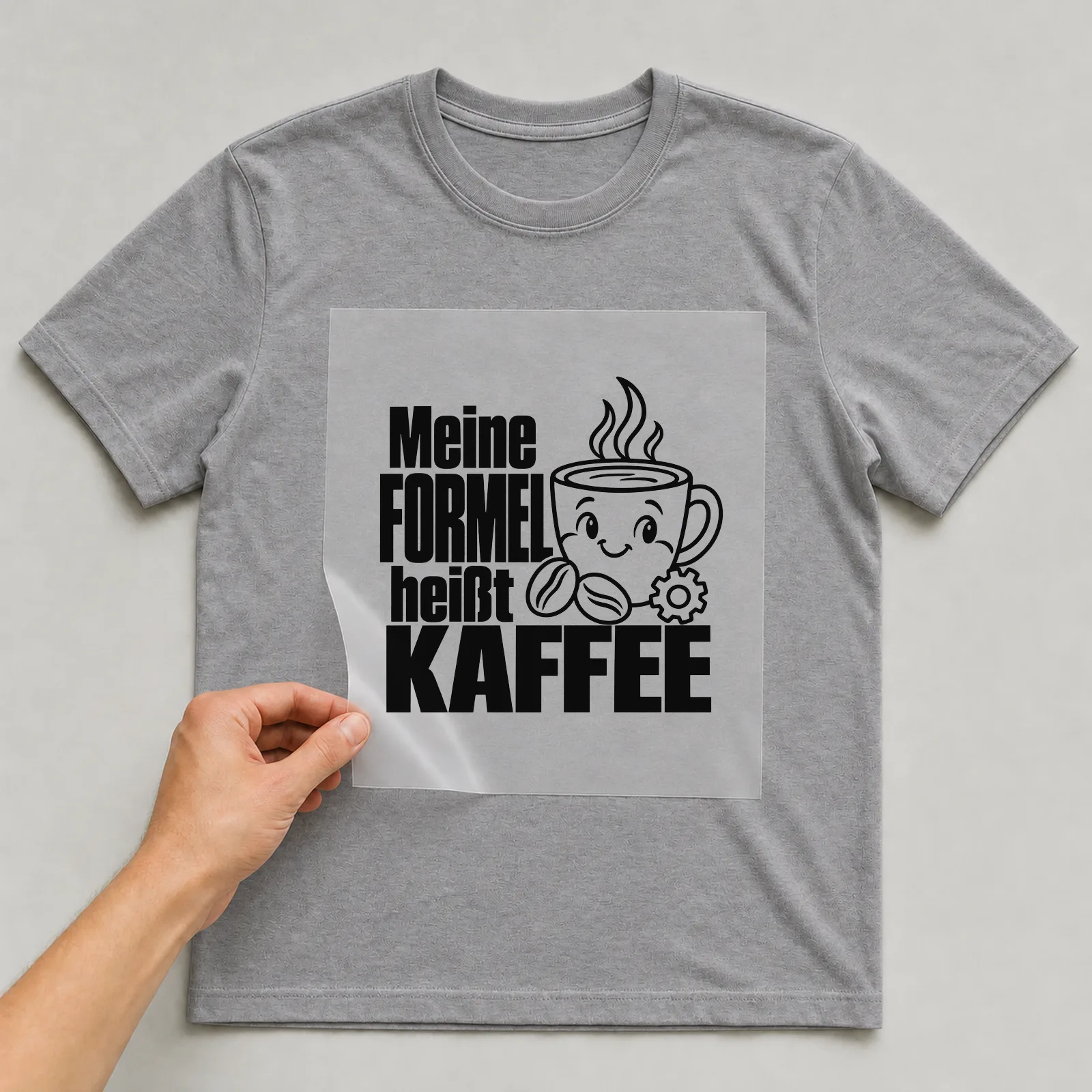 Bügelbild „Meine Formel heißt Kaffee“ auf grauem T-Shirt, Folie wird aufgelegt