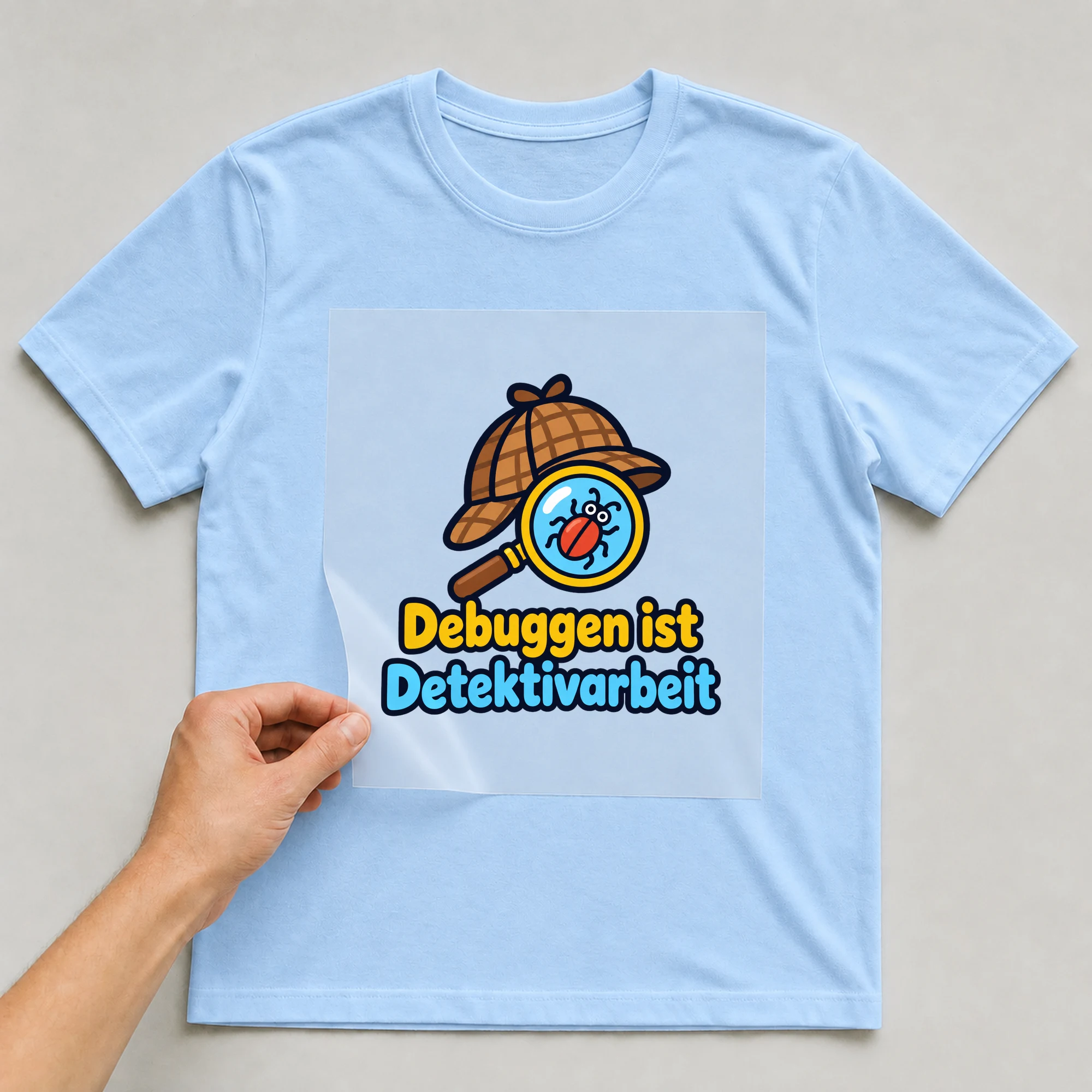 Bügelbild „Debuggen ist Detektivarbeit“ auf babyblauem T-Shirt, Folie wird aufgelegt
