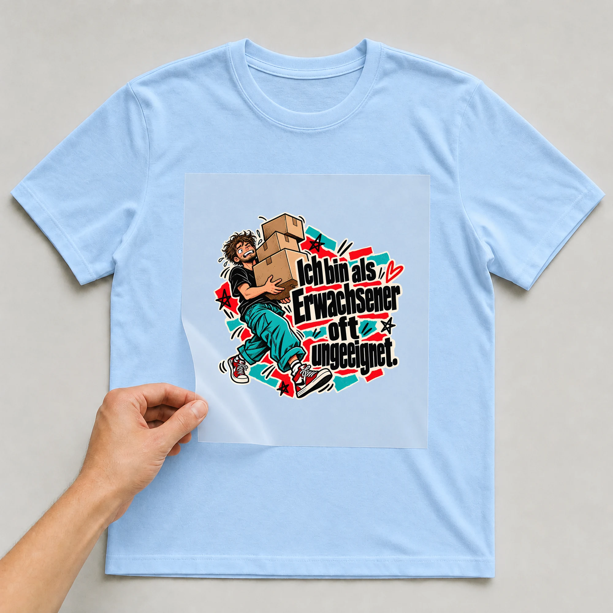 Bügelbild „Ich bin als Erwachsener oft ungeeignet.“ auf babyblauem T-Shirt, Folie wird aufgelegt