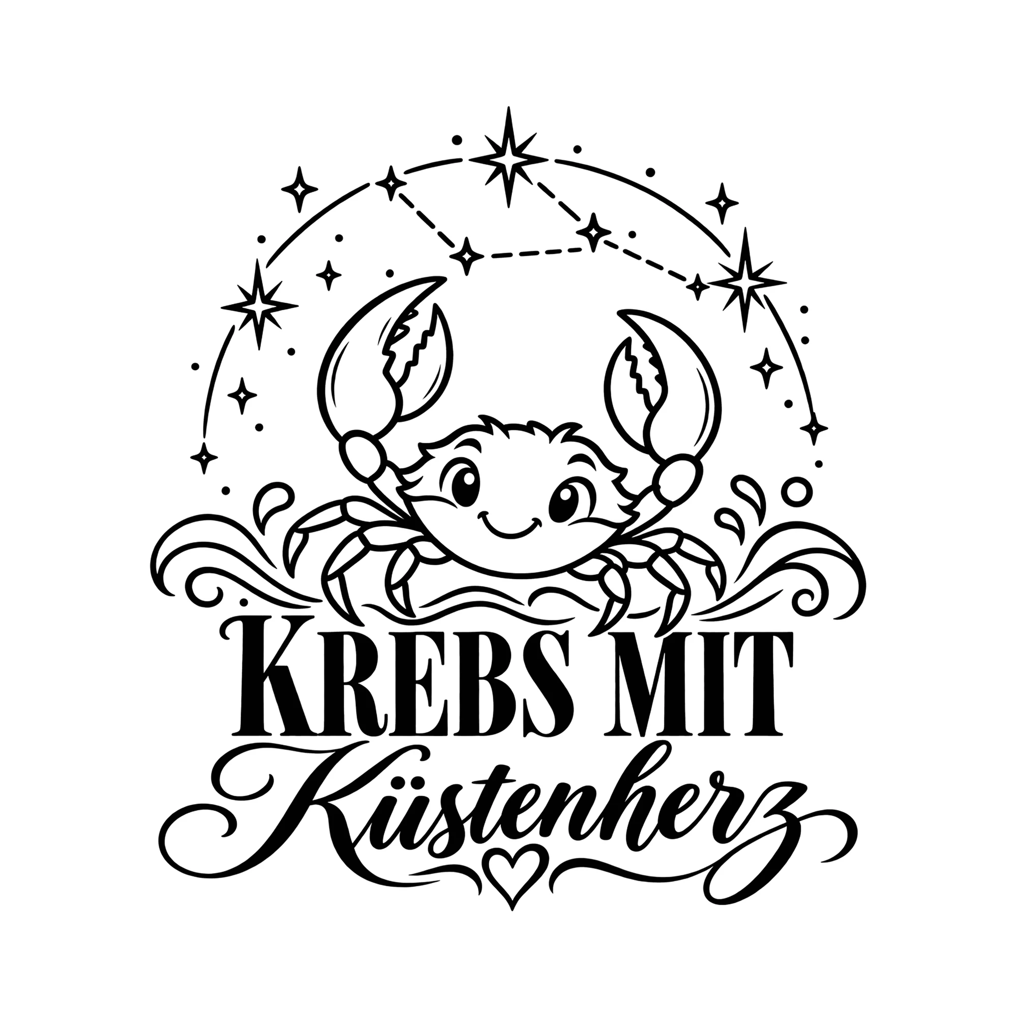 Bügelbild Krebs mit Küstenherz als Grafik auf weißem Hintergrund (BB013441)