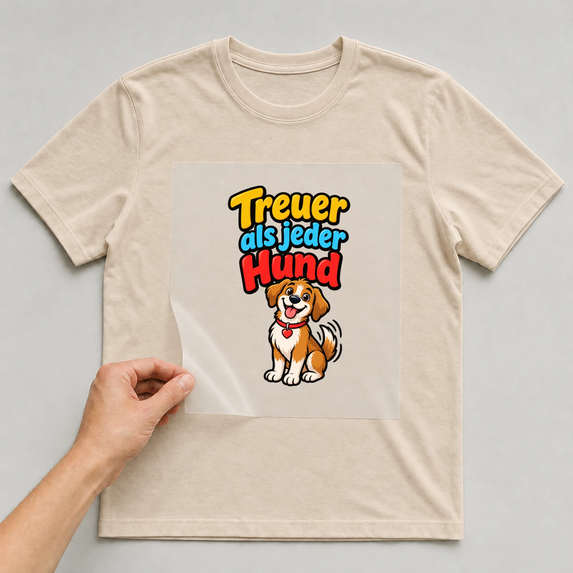 Bügelbild „Treuer als jeder Hund“ auf beigem T-Shirt, Folie wird aufgelegt