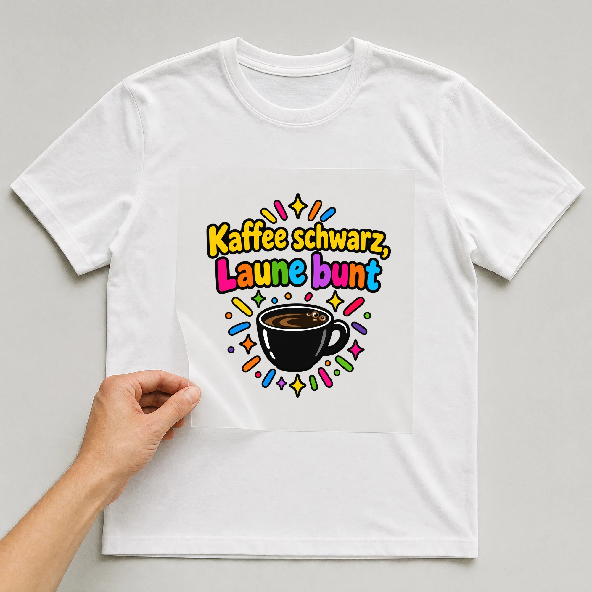 Bügelbild „Kaffee schwarz, Laune bunt“ auf weißem T-Shirt, Folie wird aufgelegt