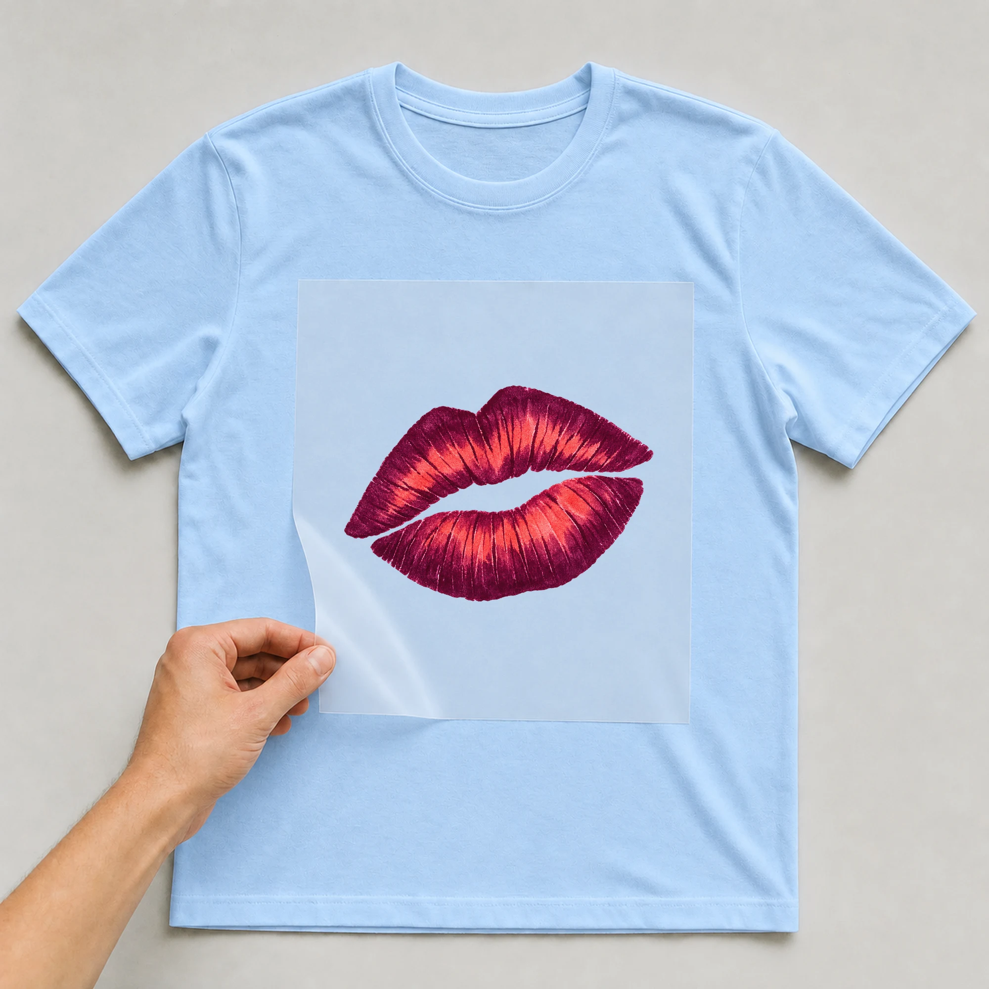 Bügelbild „Kussmund“ auf babyblauem T-Shirt, Folie wird aufgelegt