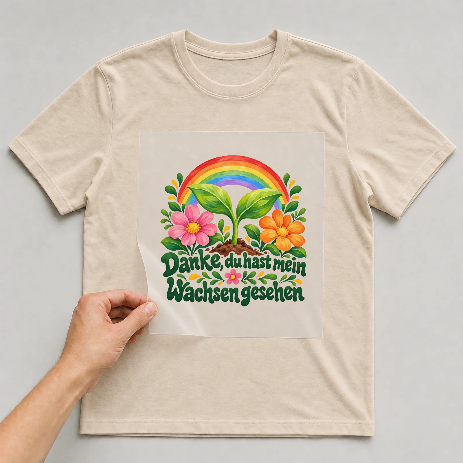 Bügelbild „Danke, du hast mein Wachsen gesehen“ auf beigem T-Shirt, Folie wird aufgelegt