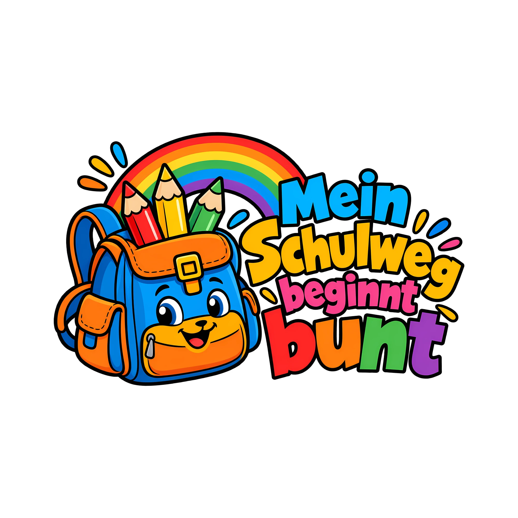 Bügelbild Mein Schulweg beginnt bunt als Grafik auf weißem Hintergrund (BB011462)