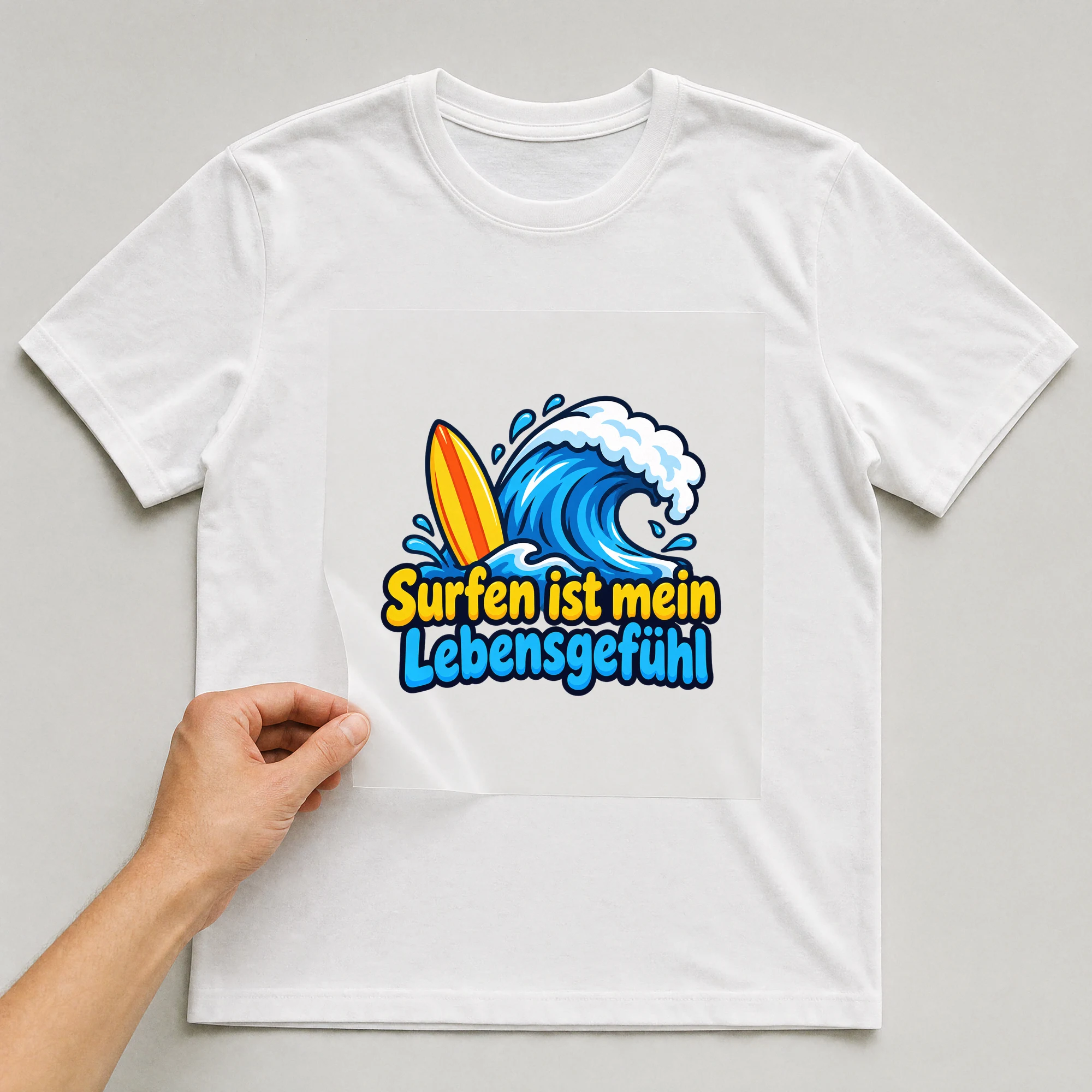 Bügelbild „Surfen ist mein Lebensgefühl“ auf weißem T-Shirt, Folie wird aufgelegt