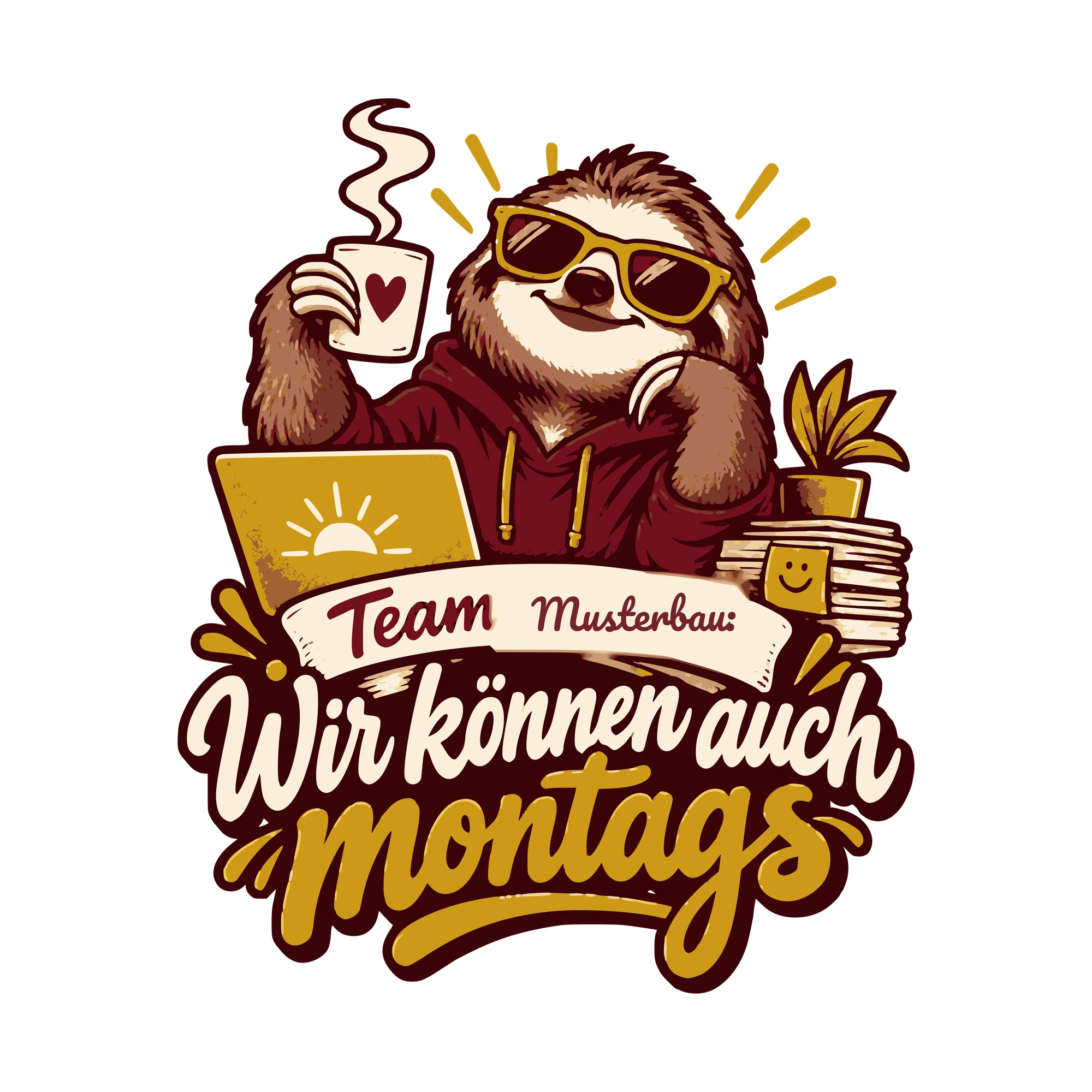 Bügelbild Team: Wir können auch montags mit Firma als Grafik auf weißem Hintergrund (BB011288)