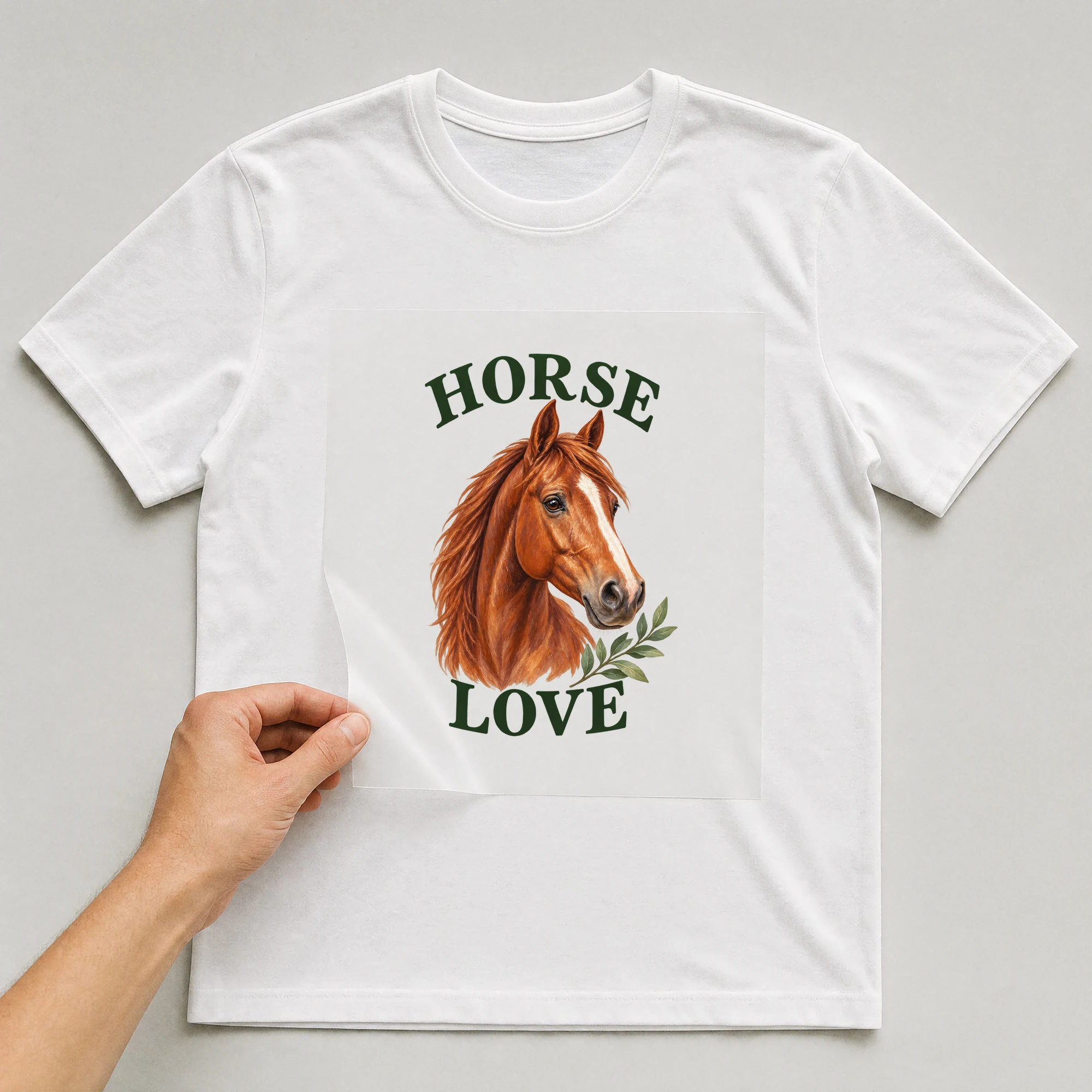 Bügelbild „Horse Love“ auf weißem T-Shirt, Folie wird aufgelegt