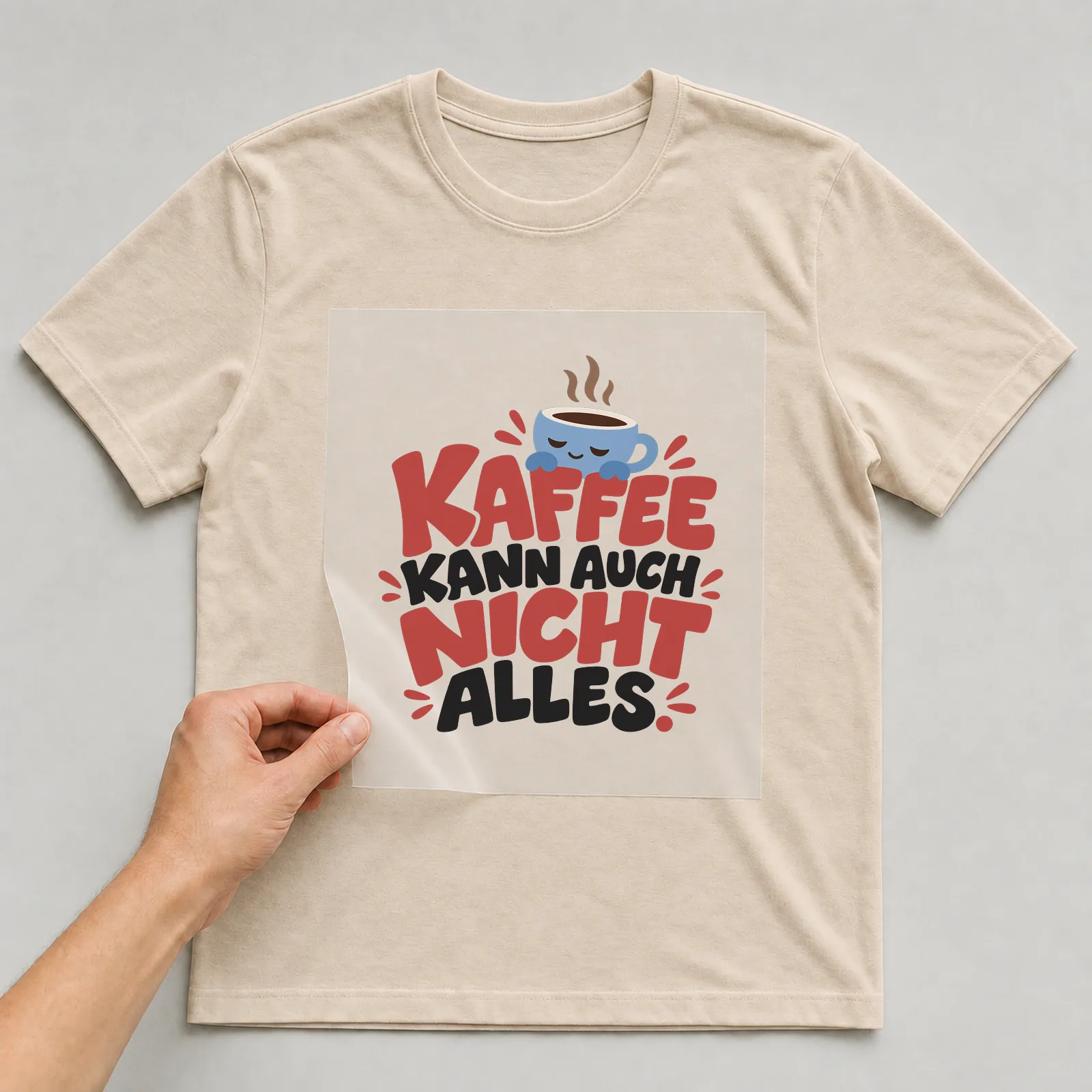 Bügelbild „Kaffee kann auch nicht alles“ auf beigem T-Shirt, Folie wird aufgelegt