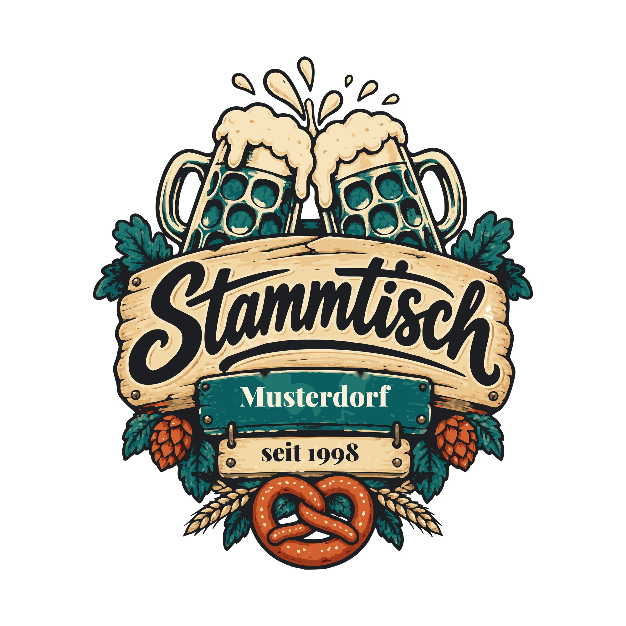 Bügelbild Stammtisch mit Ort und Jahr als Grafik auf weißem Hintergrund (BB011043)