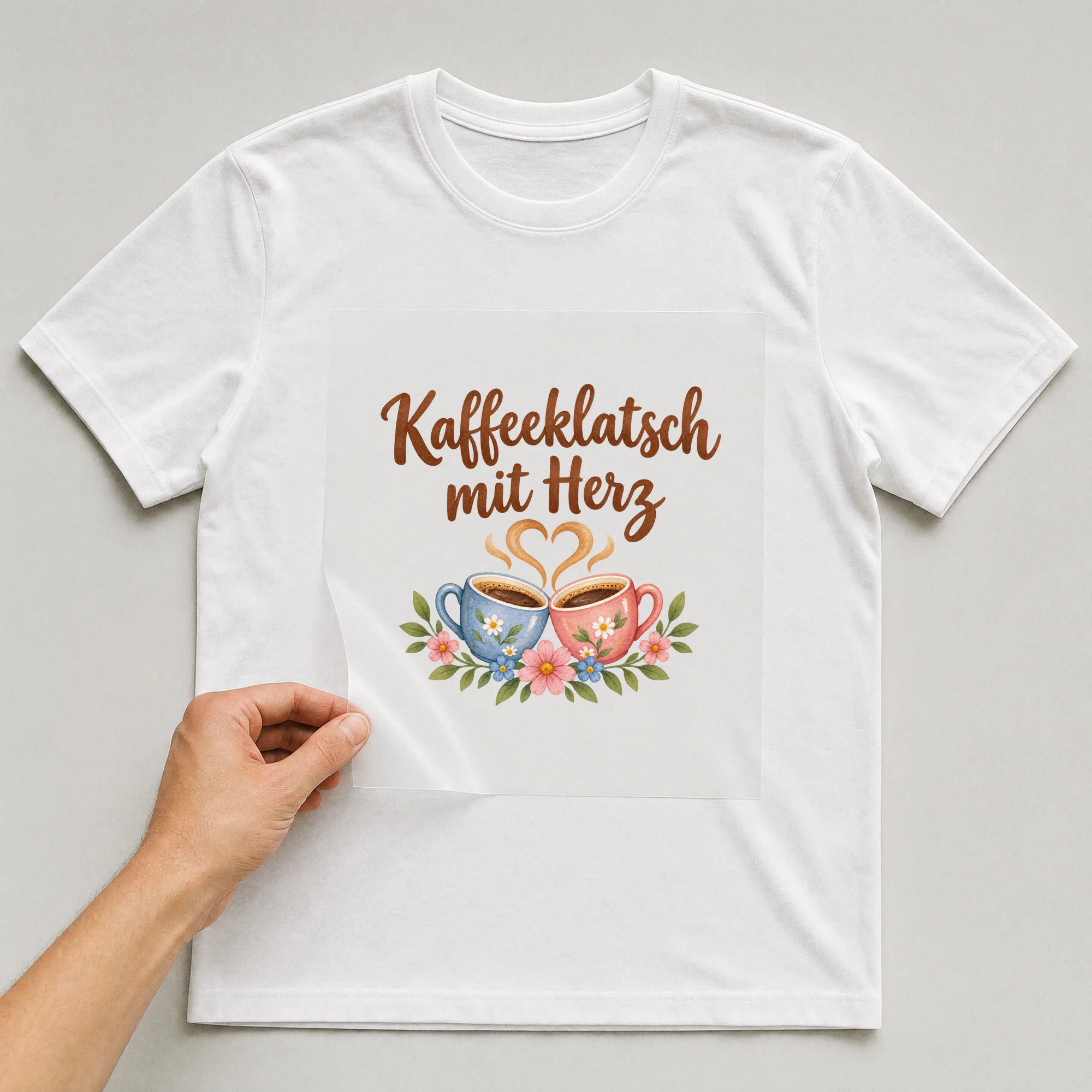 Bügelbild „Kaffeeklatsch mit Herz“ auf weißem T-Shirt, Folie wird aufgelegt