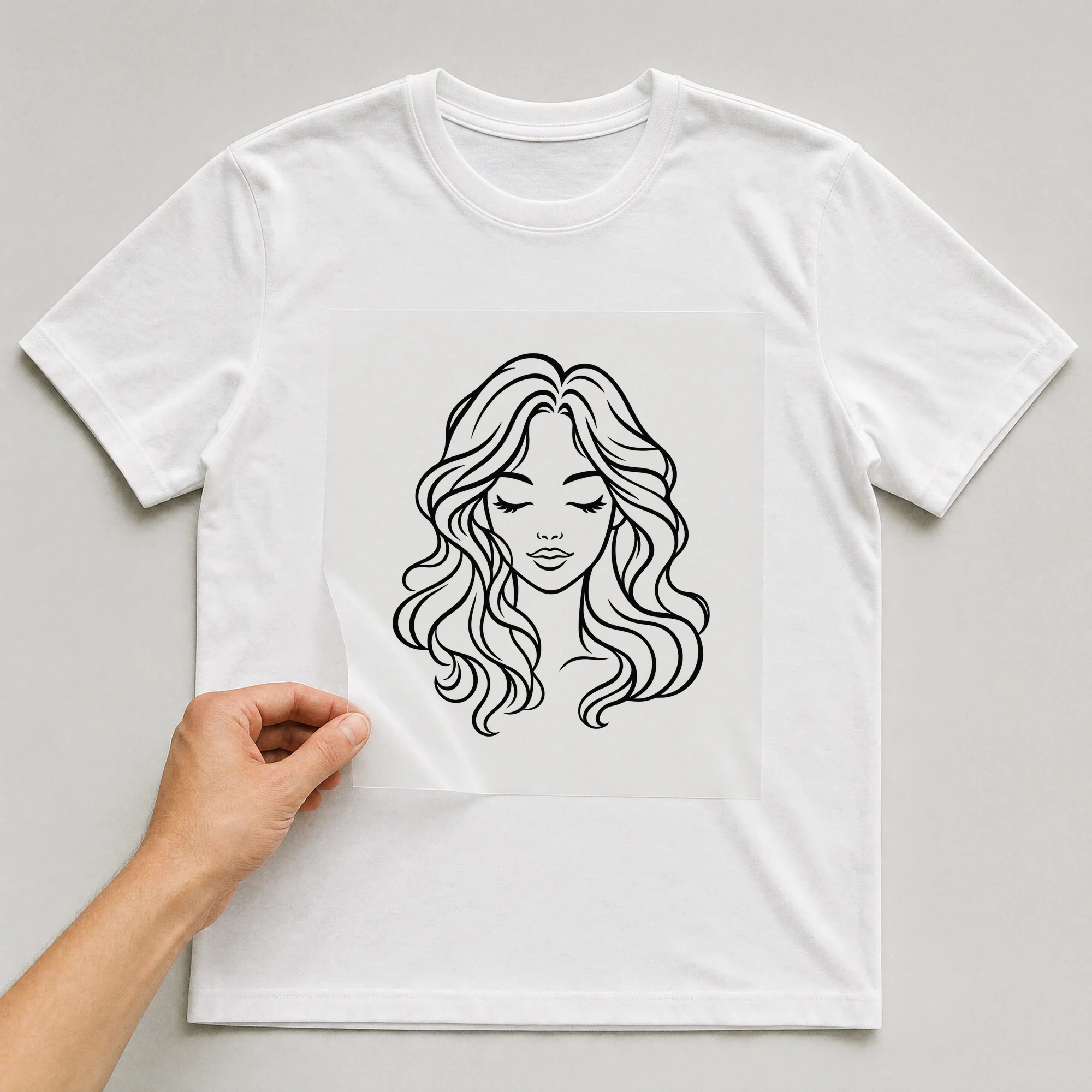 Bügelbild „Kritzel Stil Sternzeichen Jungfrau“ auf weißem T-Shirt, Folie wird aufgelegt