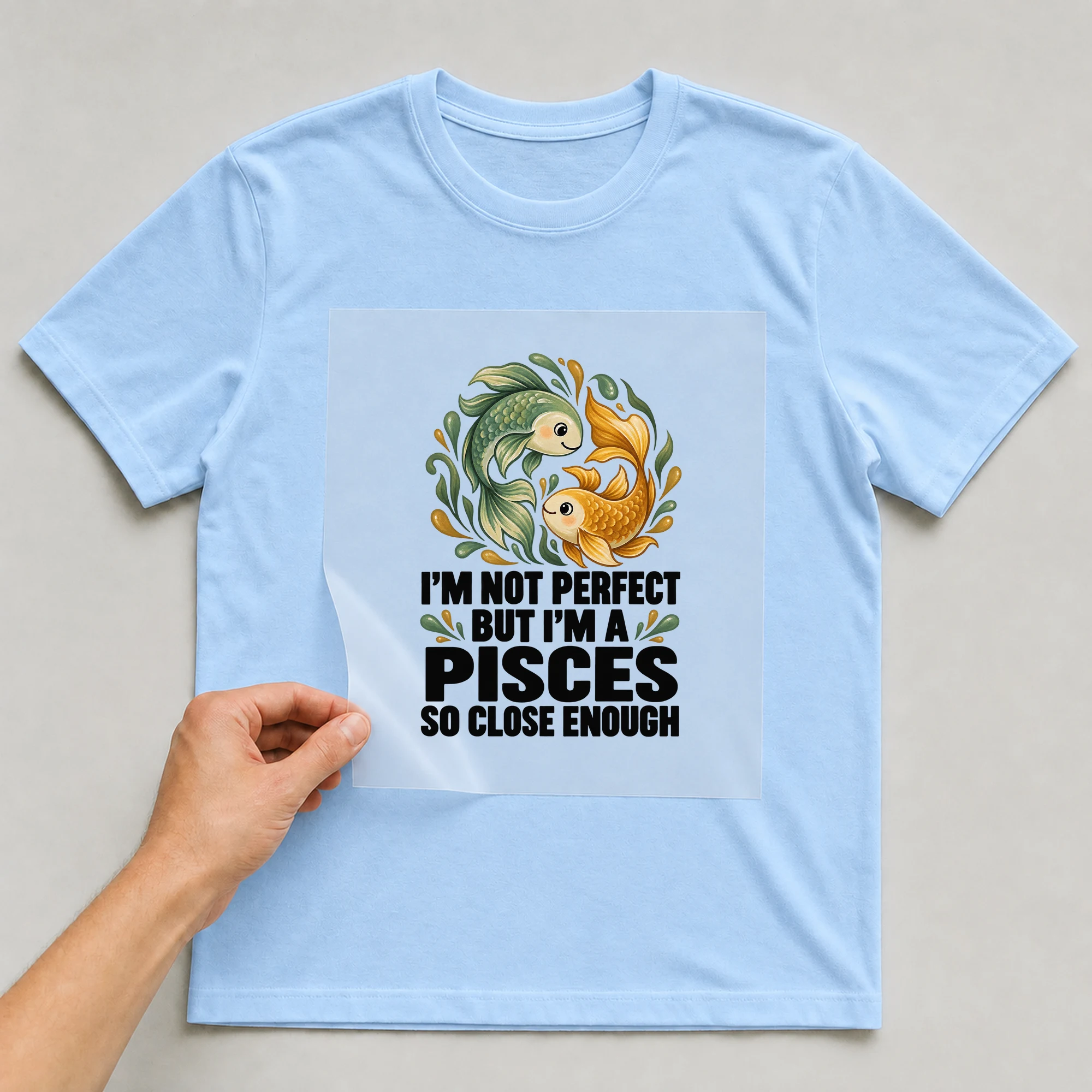 Bügelbild „I'm Not Perfect But I'm A Pisces So Close Enough“ auf babyblauem T-Shirt, Folie wird aufgelegt