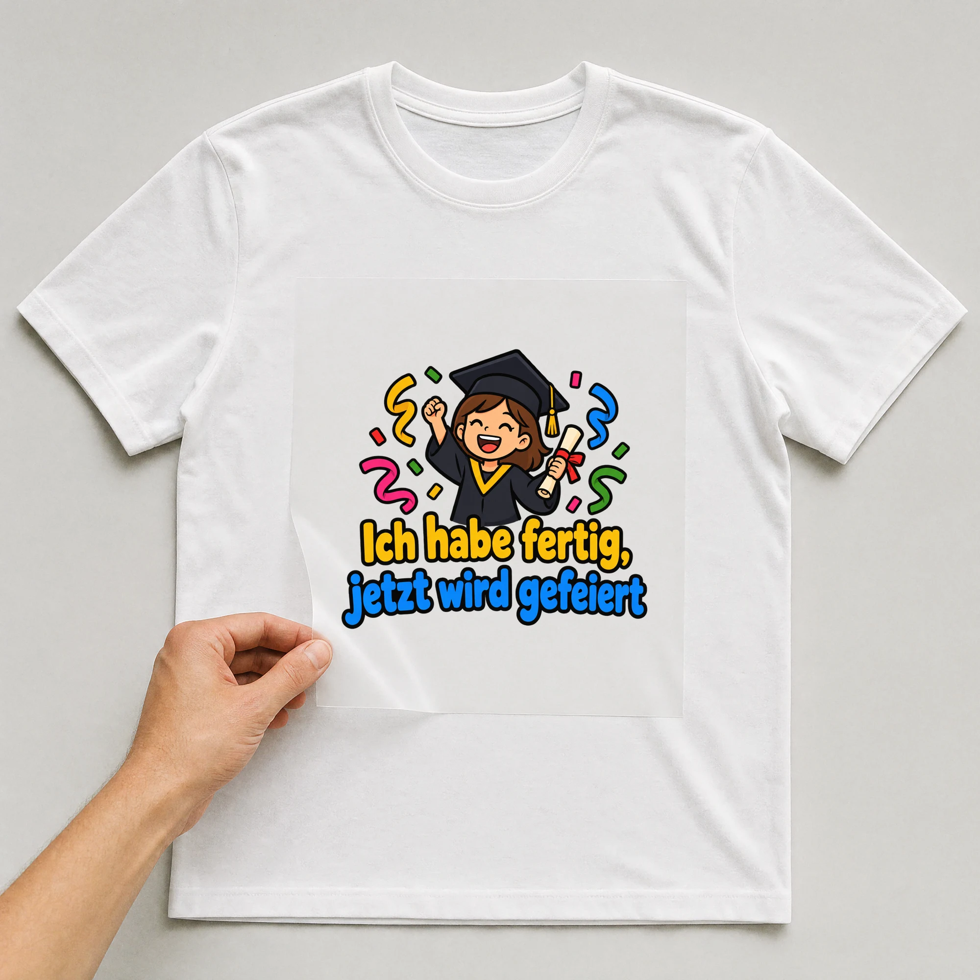 Bügelbild „Ich habe fertig, jetzt wird gefeiert“ auf weißem T-Shirt, Folie wird aufgelegt